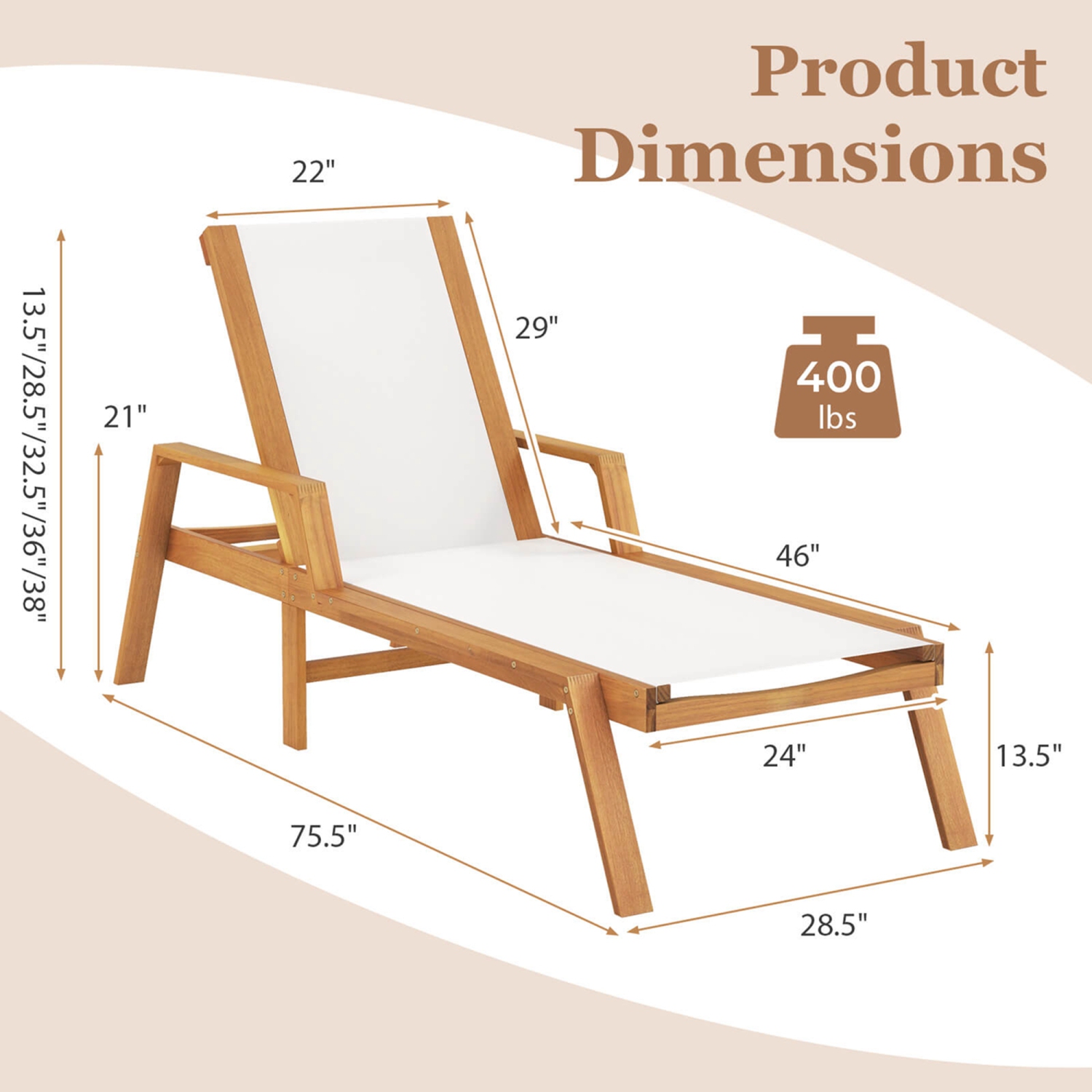 Costway 1 PCS Outdoor Chaise Lounge with Adjustable 5-position Backrest Solid Wood Frame