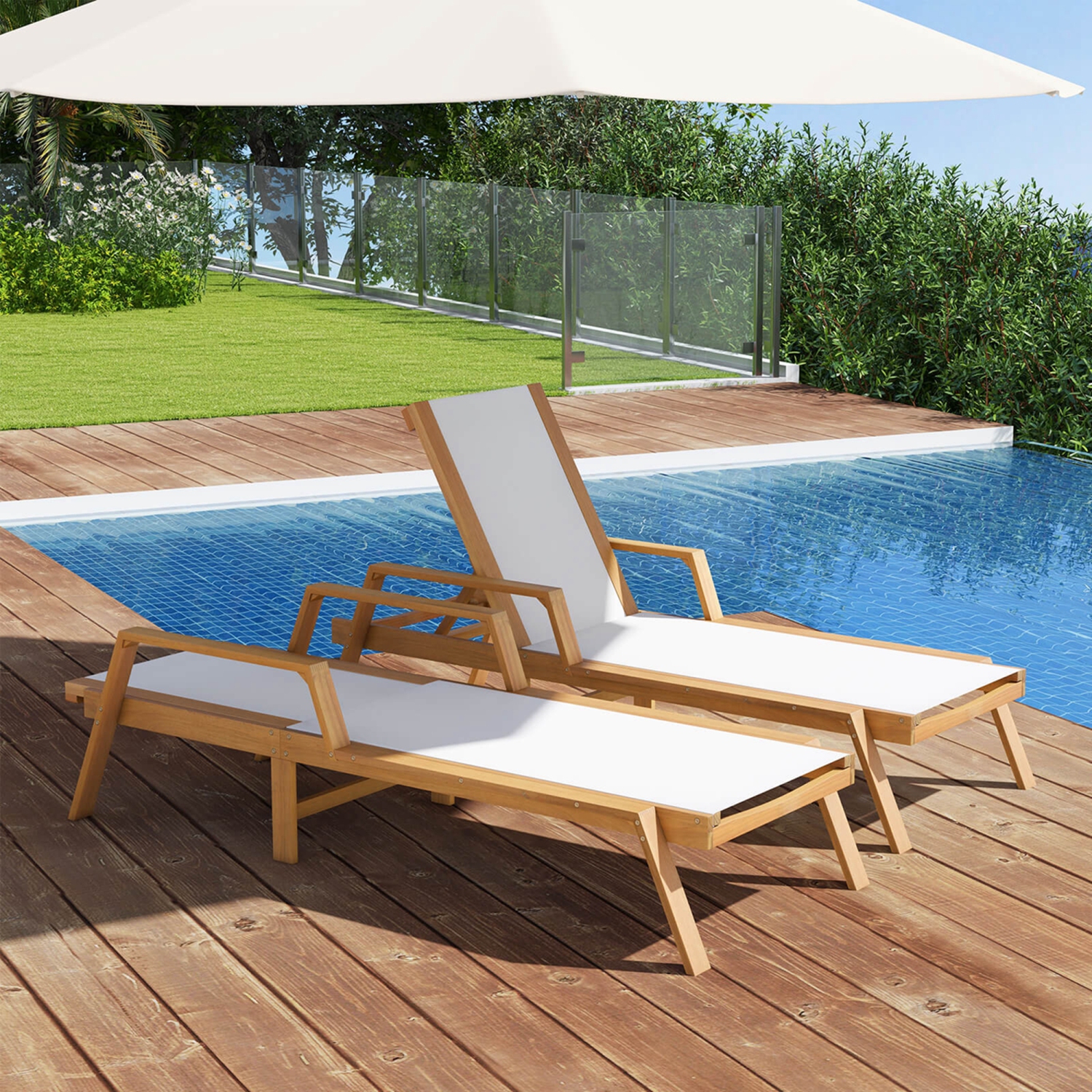Costway 1 PCS Outdoor Chaise Lounge with Adjustable 5-position Backrest Solid Wood Frame
