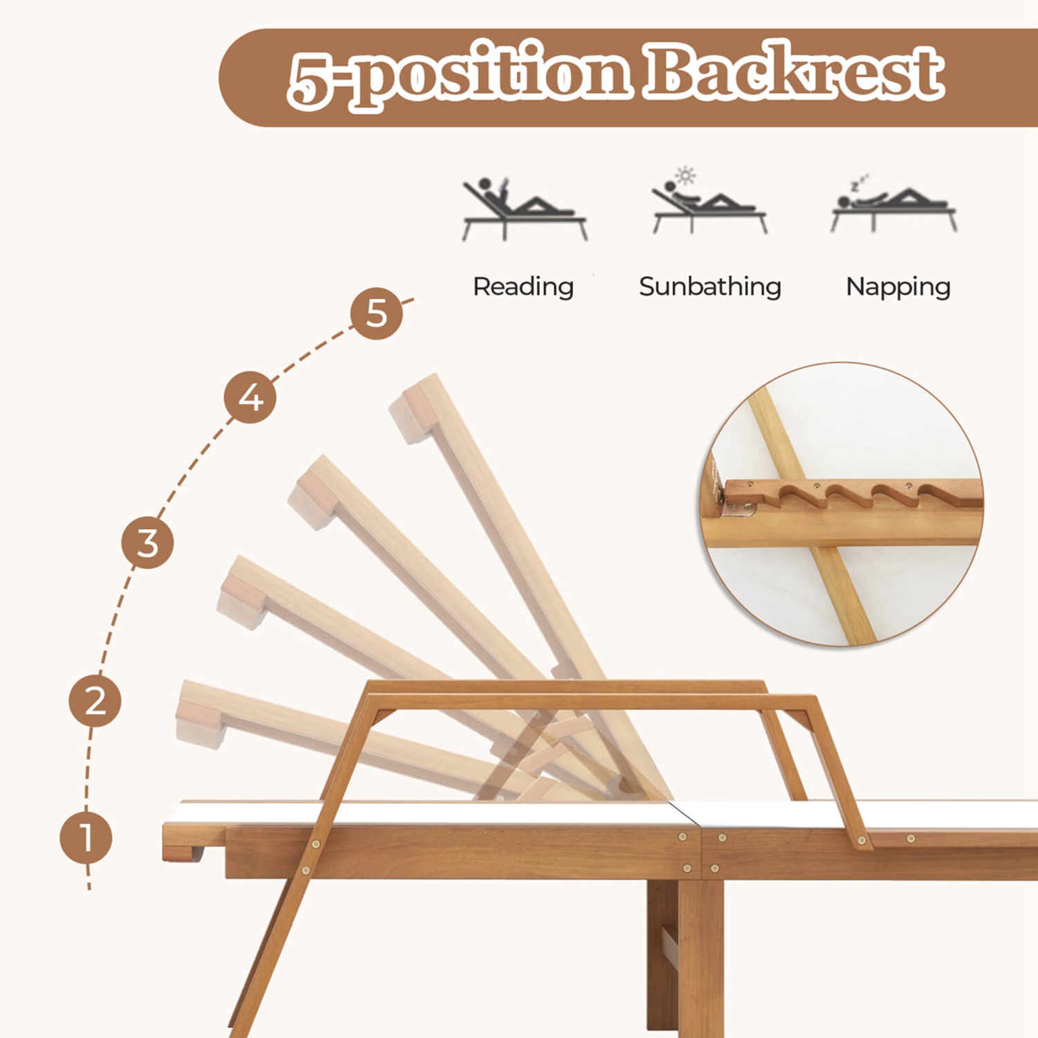 Costway 1 PCS Outdoor Chaise Lounge with Adjustable 5-position Backrest Solid Wood Frame