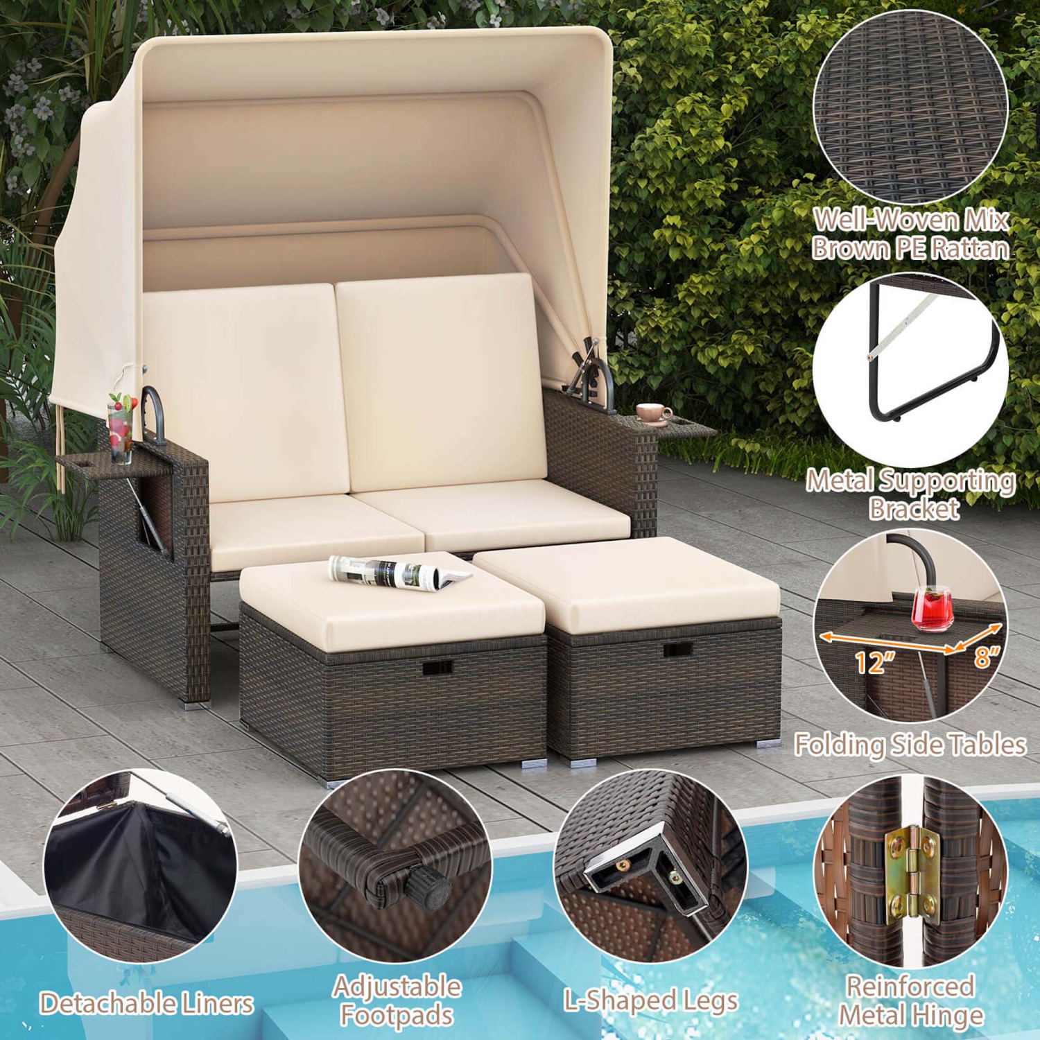 Costway Outdoor Patio Rattan Daybed with Retractable Canopy & Adjustable Backrests