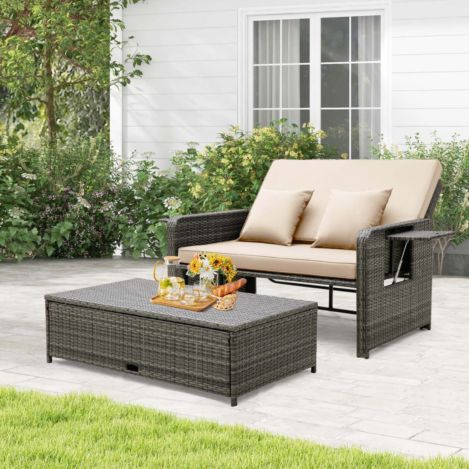 Costway Wicker Loveseat Sofa Set Patio Rattan Daybed with Ottoman & Retractable Side Tray
