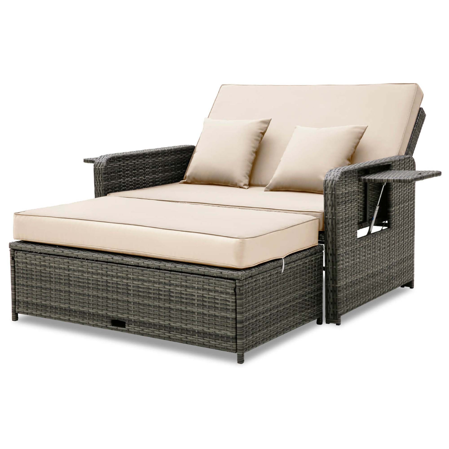 Costway Wicker Loveseat Sofa Set Patio Rattan Daybed with Ottoman & Retractable Side Tray