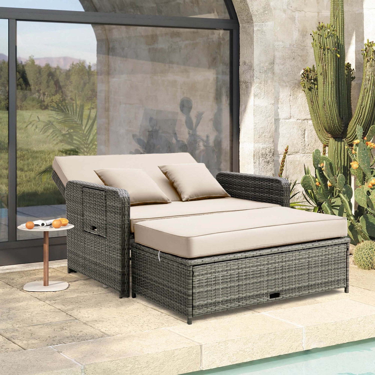 Costway Wicker Loveseat Sofa Set Patio Rattan Daybed with Ottoman & Retractable Side Tray