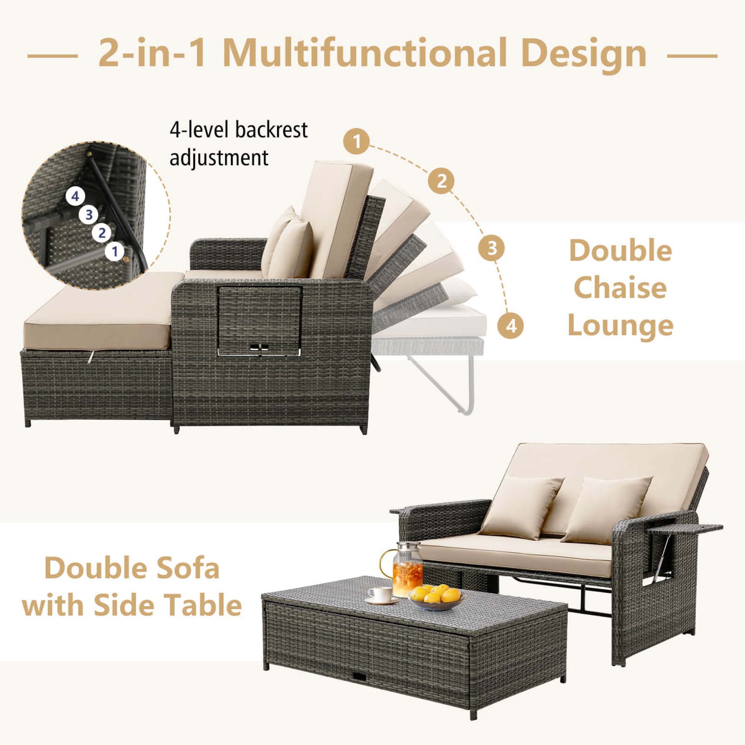 Costway Wicker Loveseat Sofa Set Patio Rattan Daybed with Ottoman & Retractable Side Tray