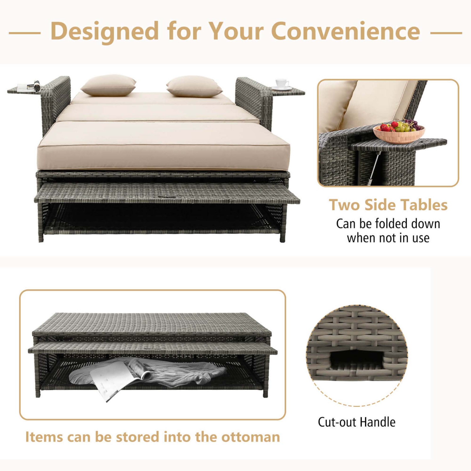 Costway Wicker Loveseat Sofa Set Patio Rattan Daybed with Ottoman & Retractable Side Tray