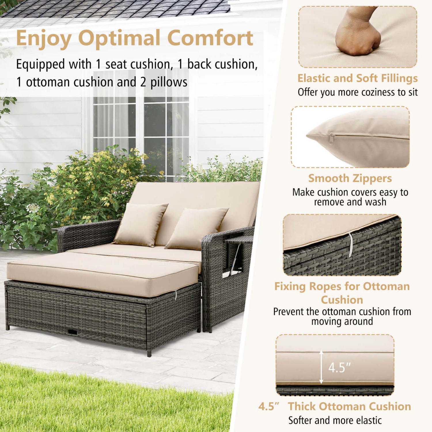Costway Wicker Loveseat Sofa Set Patio Rattan Daybed with Ottoman & Retractable Side Tray