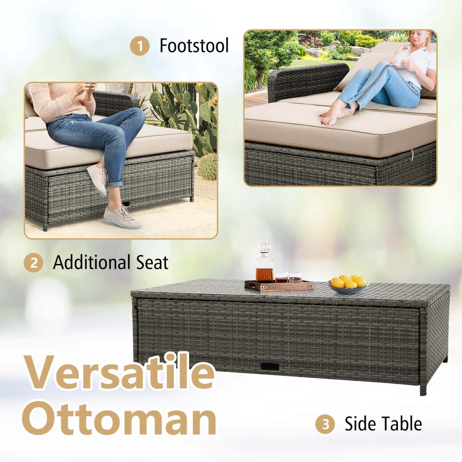 Costway Wicker Loveseat Sofa Set Patio Rattan Daybed with Ottoman & Retractable Side Tray