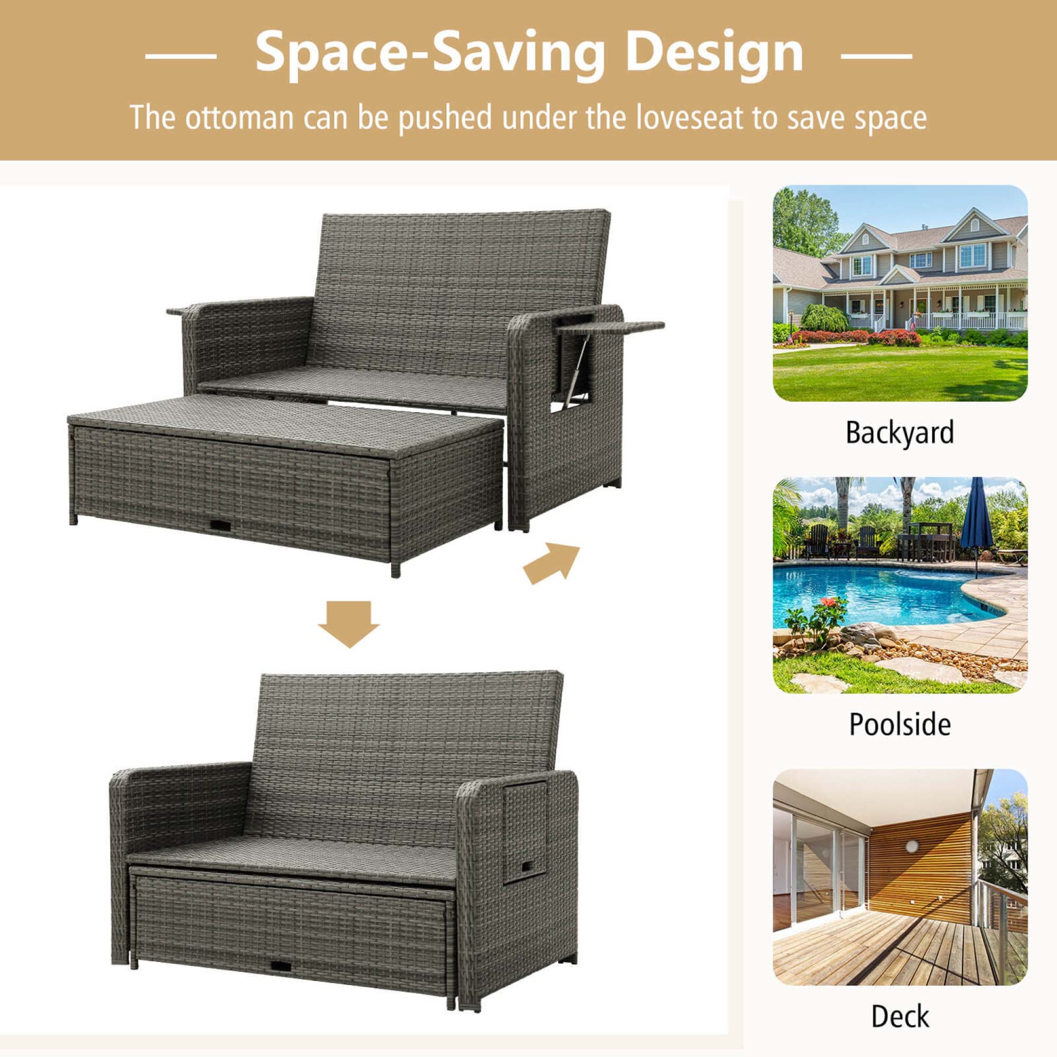 Costway Wicker Loveseat Sofa Set Patio Rattan Daybed with Ottoman & Retractable Side Tray