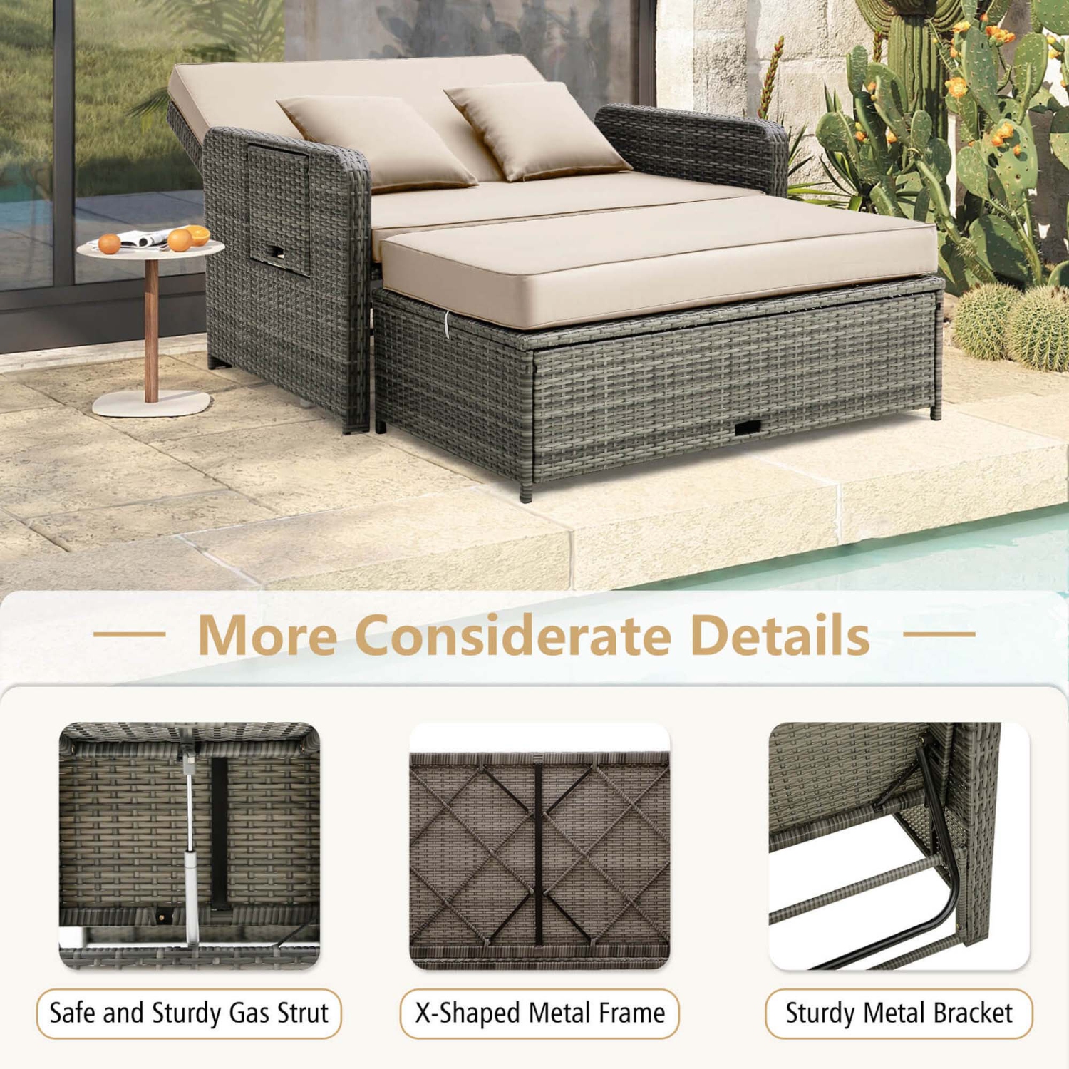 Costway Wicker Loveseat Sofa Set Patio Rattan Daybed with Ottoman & Retractable Side Tray