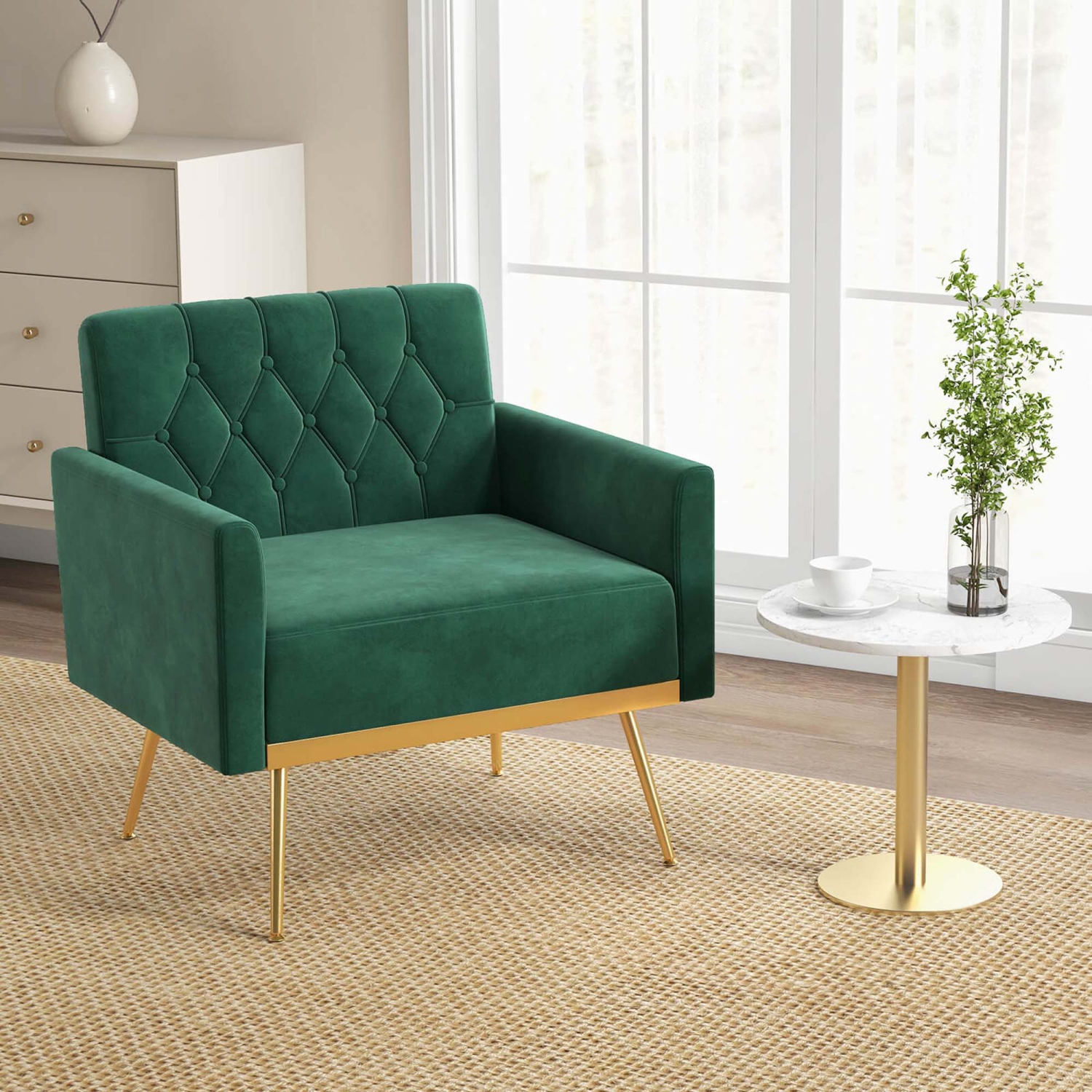 Costway Modern Velvet Accent Chair with Button Tufted Back Golden Metal Legs & Foot Pads
