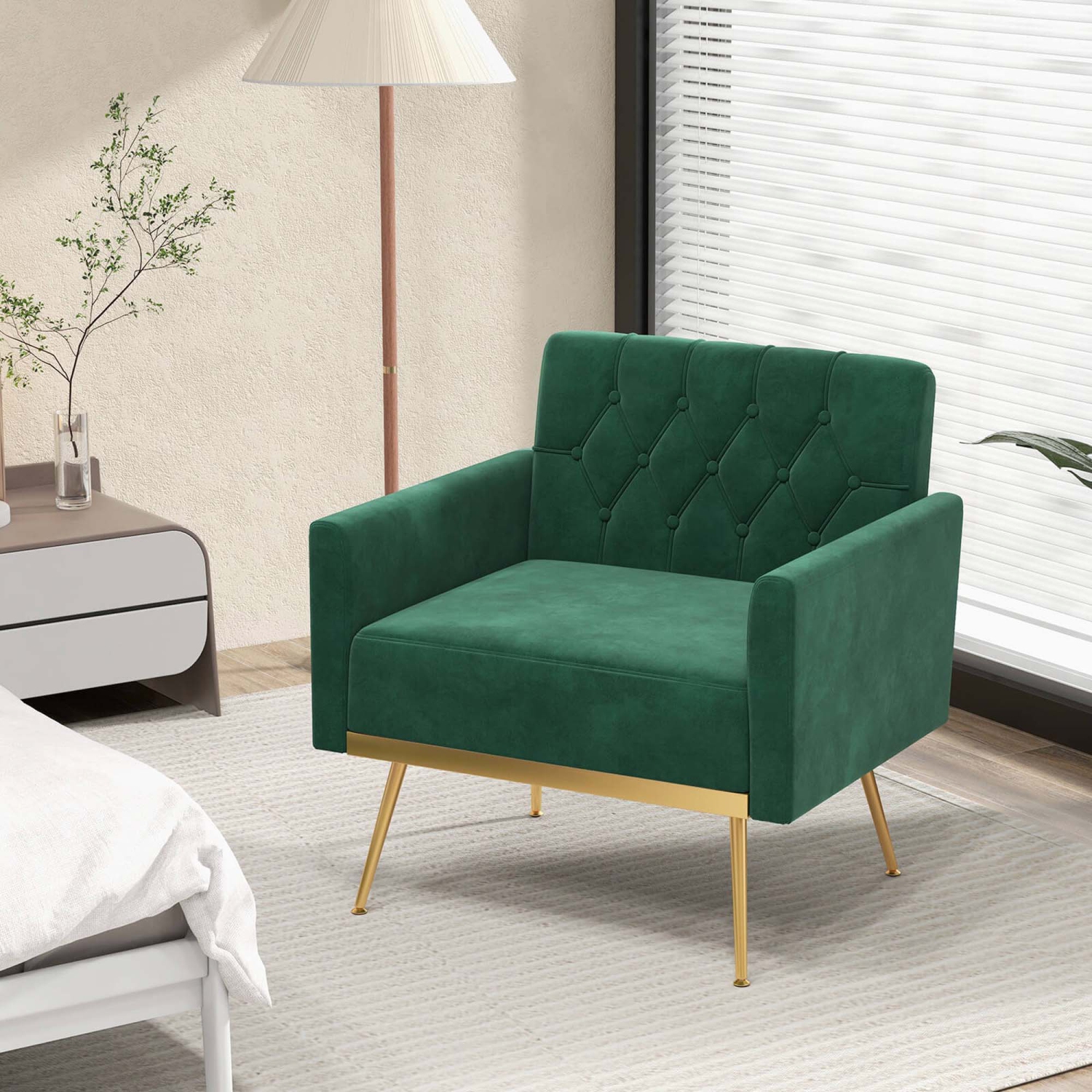 Costway Modern Velvet Accent Chair with Button Tufted Back Golden Metal Legs & Foot Pads