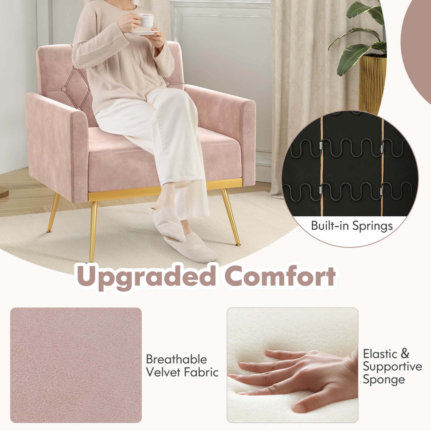 Costway Modern Velvet Accent Chair with Button Tufted Back Golden Metal Legs & Foot Pads