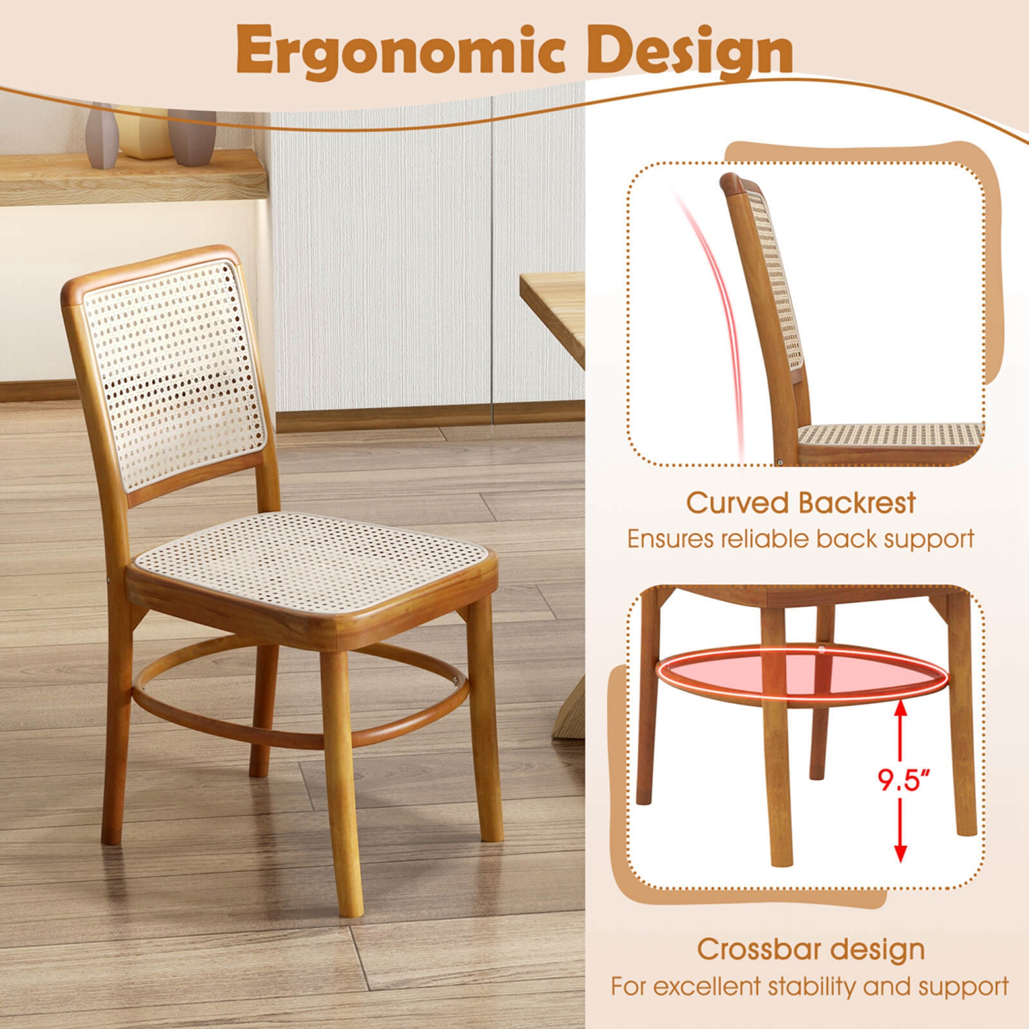 Ensemble de 2 chaises de salle à manger Boho avec structure en teck et repose-pieds pour usage intérieur