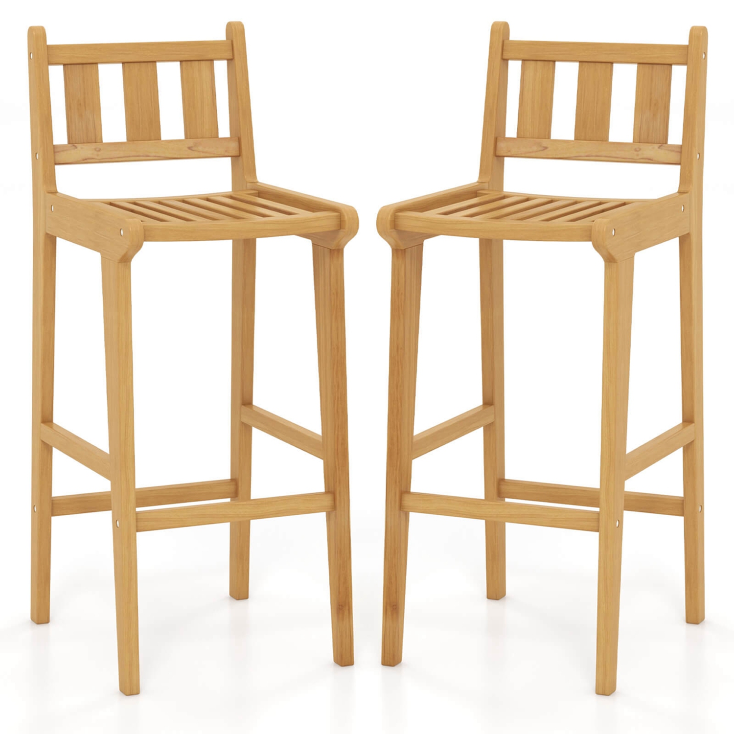 Costway 2 PCS 30" Teak Wood Bar Stool with Footrest & Backrest Wooden Bar Height Chair