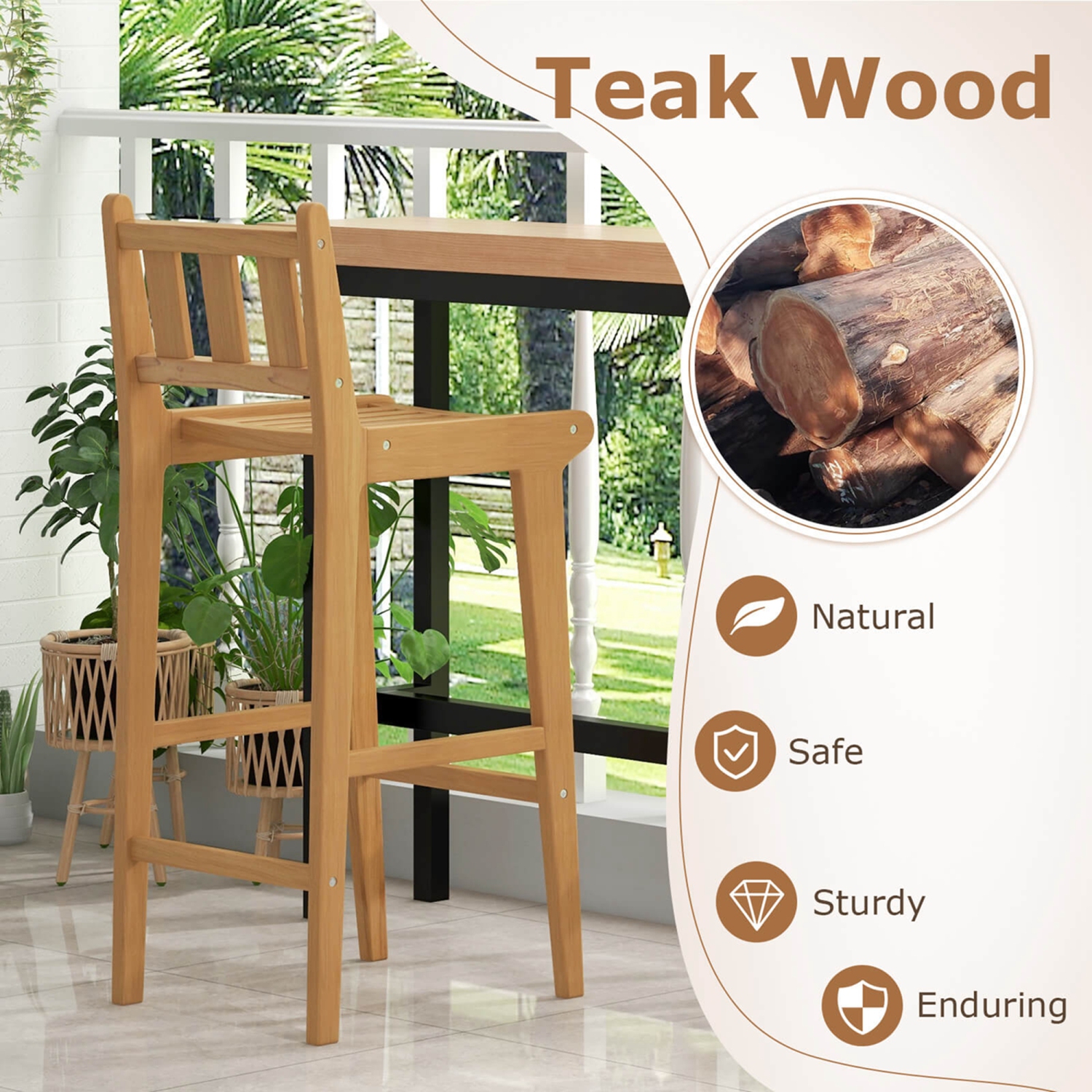 Costway 2 PCS 30" Teak Wood Bar Stool with Footrest & Backrest Wooden Bar Height Chair