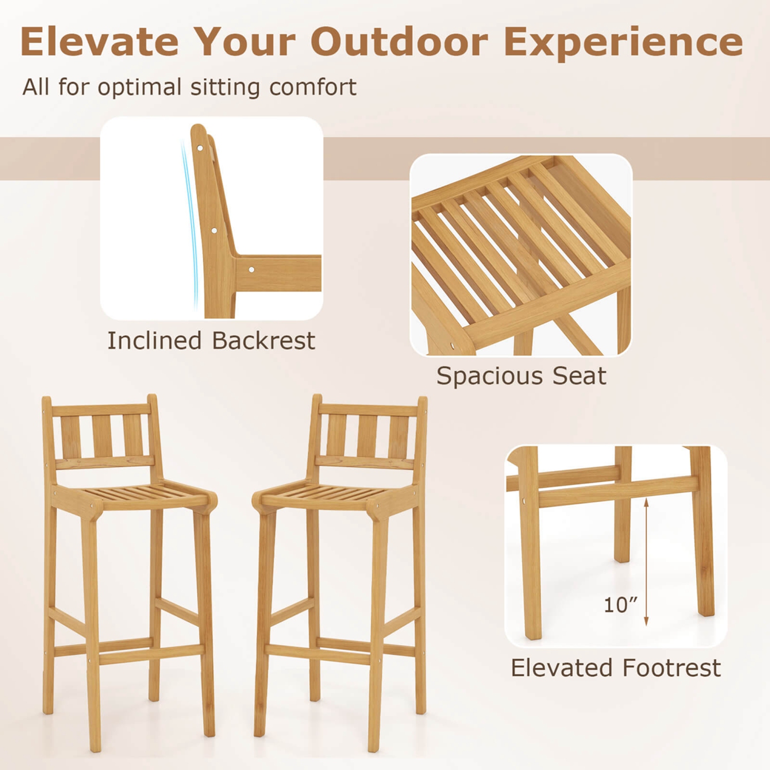 Costway 2 PCS 30" Teak Wood Bar Stool with Footrest & Backrest Wooden Bar Height Chair