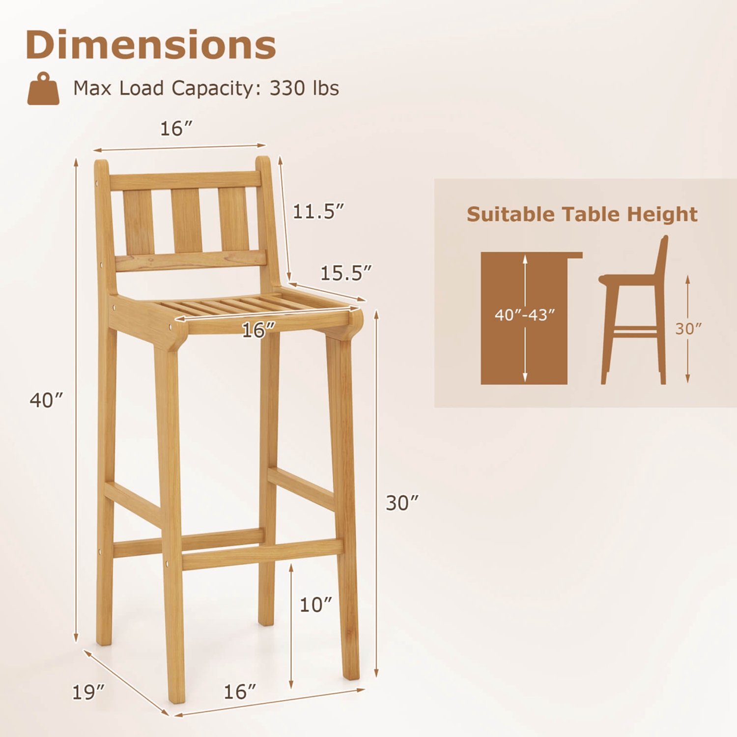 Tabouret de bar en teck 30 po 4 de Costway avec repose-pieds et dossier, chaise à hauteur de bar en bois