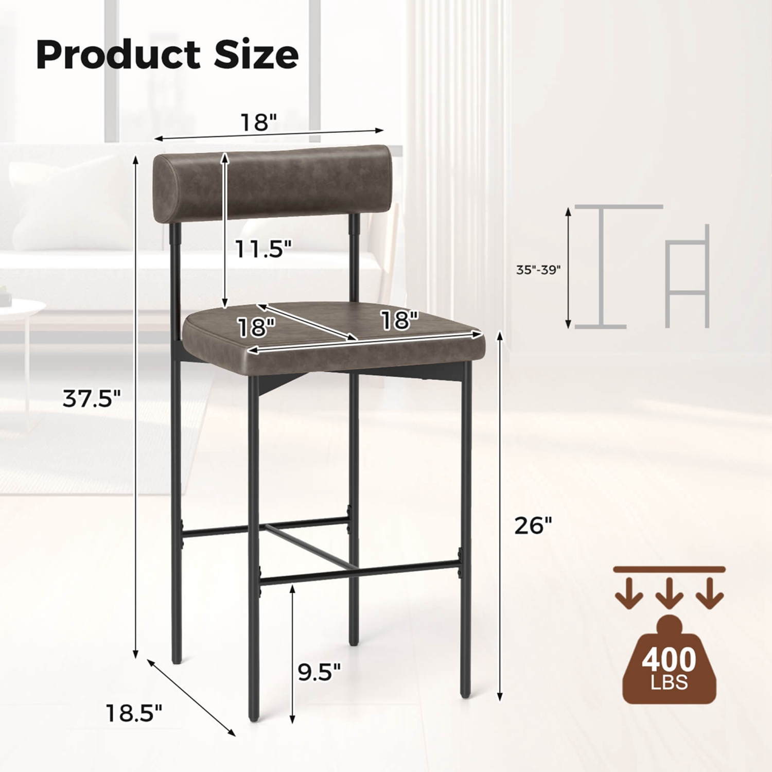 Costway 26" Upholstered Bar Stools Set of 2 with Padded Cushion & Backrest Footrest