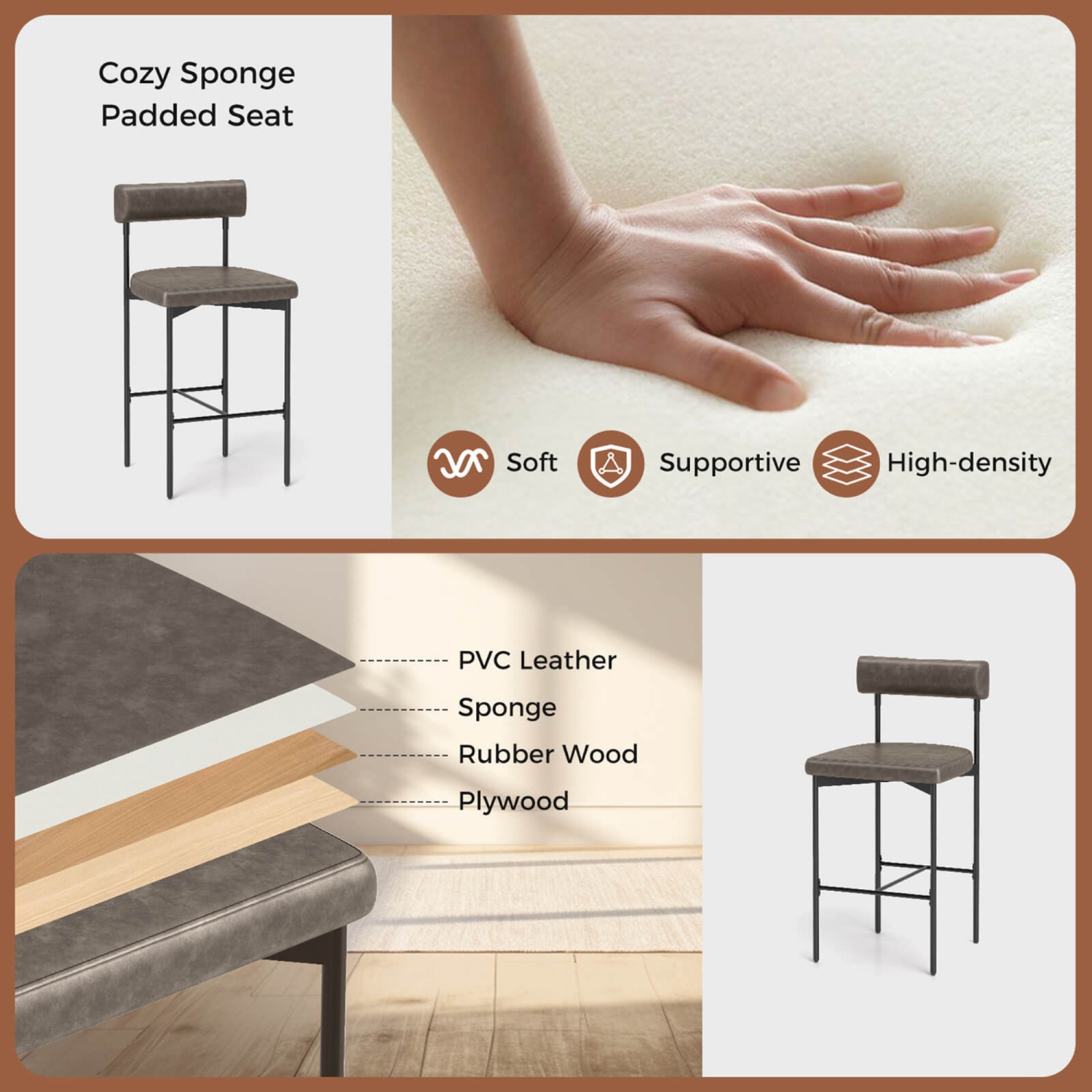 Costway 26" Upholstered Bar Stools Set of 2 with Padded Cushion & Backrest Footrest