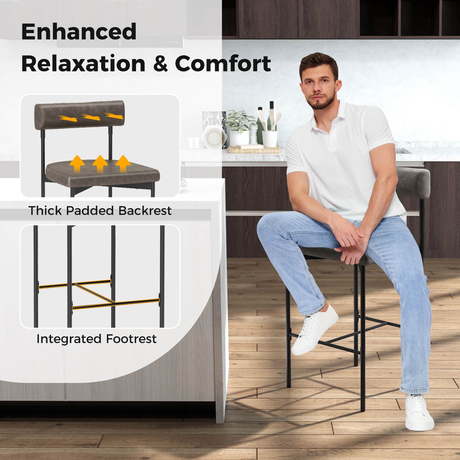 Costway 26" Upholstered Bar Stools Set of 2 with Padded Cushion & Backrest Footrest