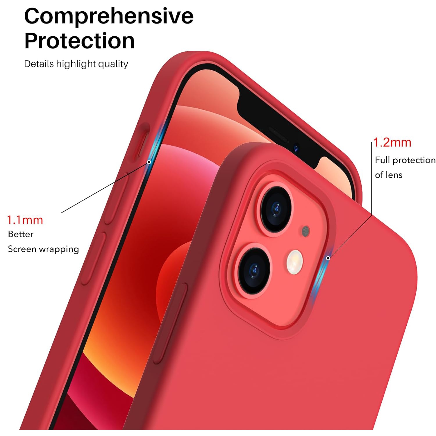 ORNARTO compatible avec l’étui iPhone 12 6,1 et l’étui iPhone 12 Pro, étui mince en silicone liquide à 3 couches de caoutchouc souple entièrement