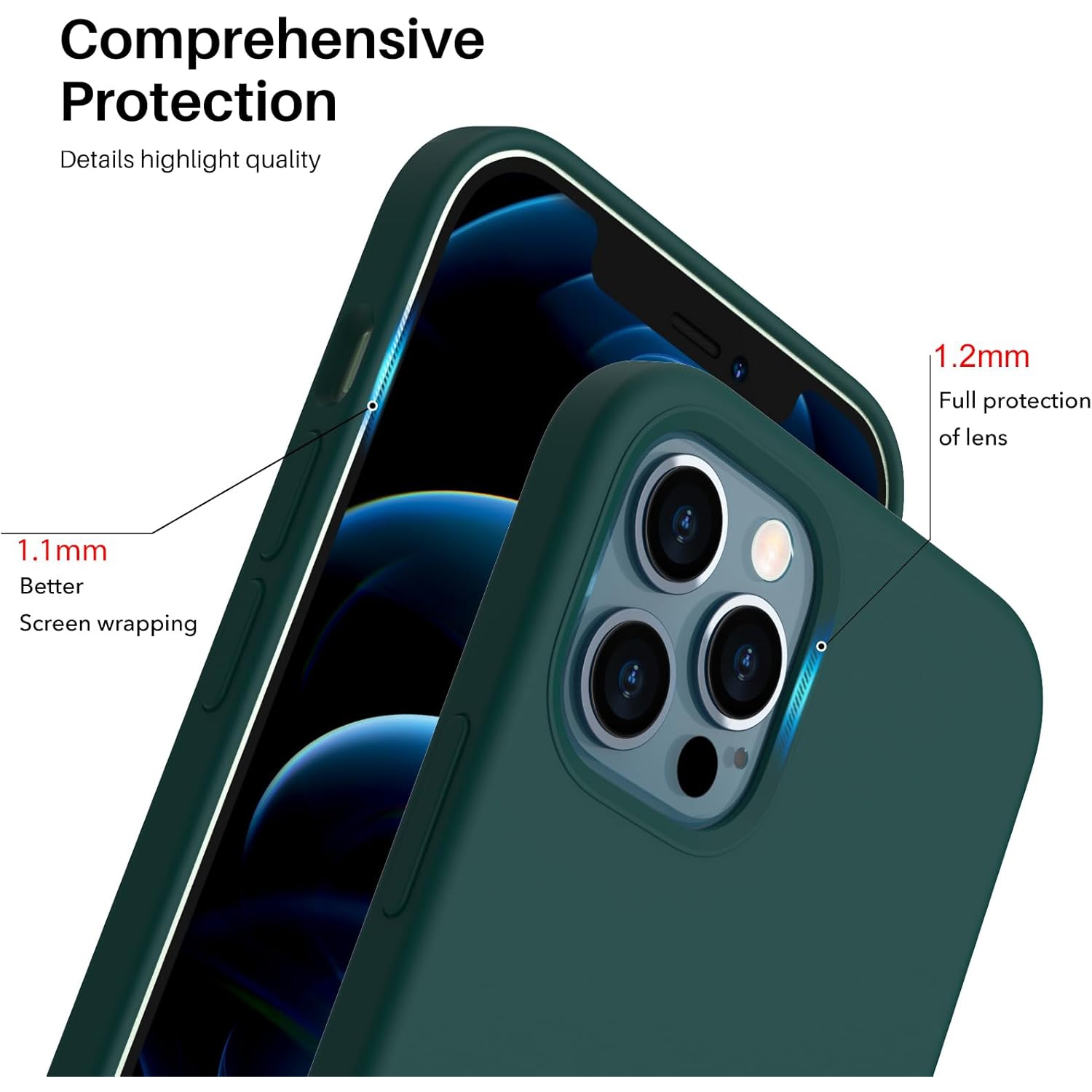 ORNARTO compatible avec l’étui iPhone 12 6,1 et l’étui iPhone 12 Pro, étui mince en silicone liquide 3 couches avec couverture complète en caoutchouc