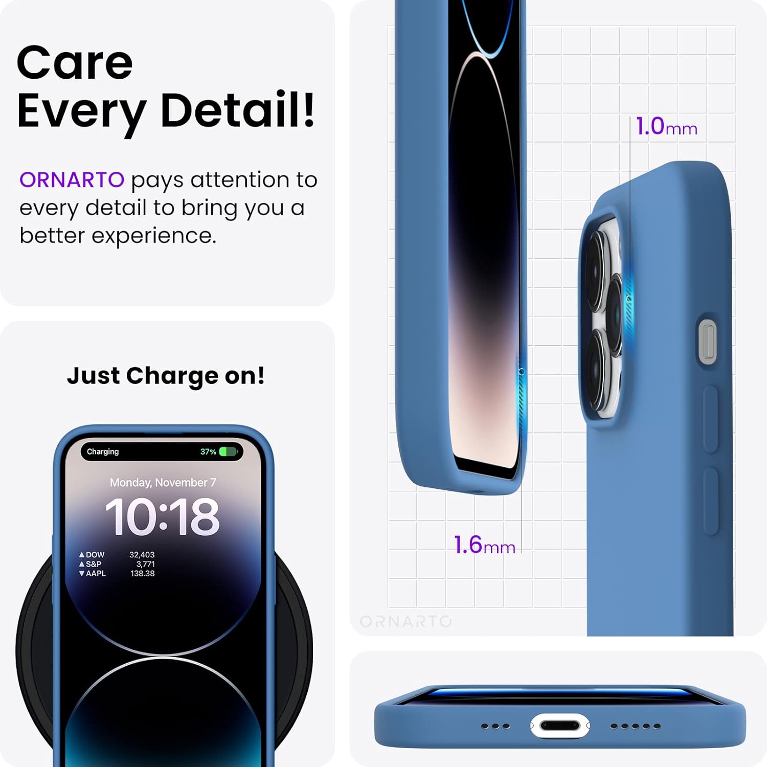 ORNARTO Compatible with iPhone 14 Pro Case 6.1, Slim Liquid Silicone 3 Layers Full Covered Soft Gel Rubber Case Protective Cover 6.1 inch-Blue
