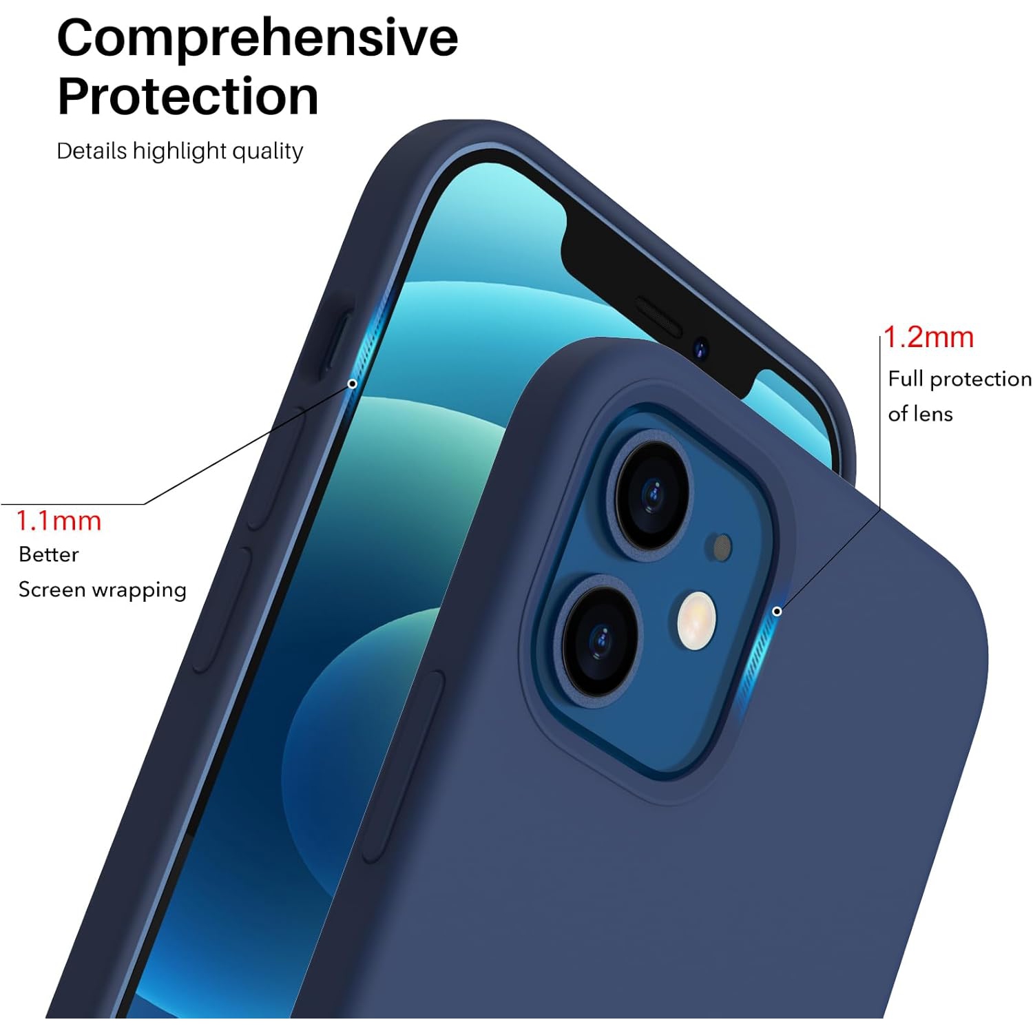 ORNARTO compatible avec iPhone 12 Mini, Slim Liquid silicone 3 couches, caoutchouc souple entièrement recouvert de gel, étui en microfibre