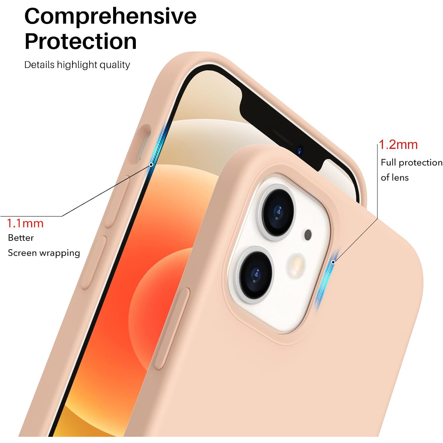 ORNARTO Compatible with iPhone 12 Mini Case, Slim Liquid Silicone 3 Layers Full Covered Soft Gel Rubber with Microfiber Case Cover 5.4 inch- Pink