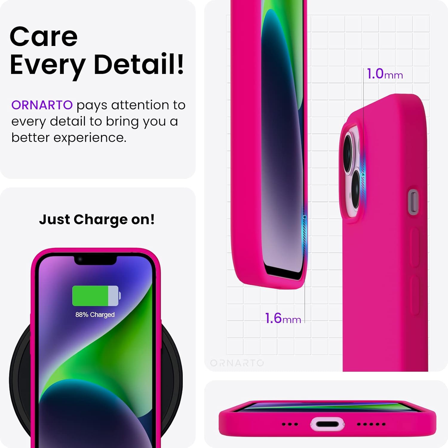 ORNARTO Compatible with iPhone 14 Case 6.1, Slim Liquid Silicone 3 Layers Full Covered Soft Gel Rubber Case Protective Cover 6.1 inch-Hot Pink
