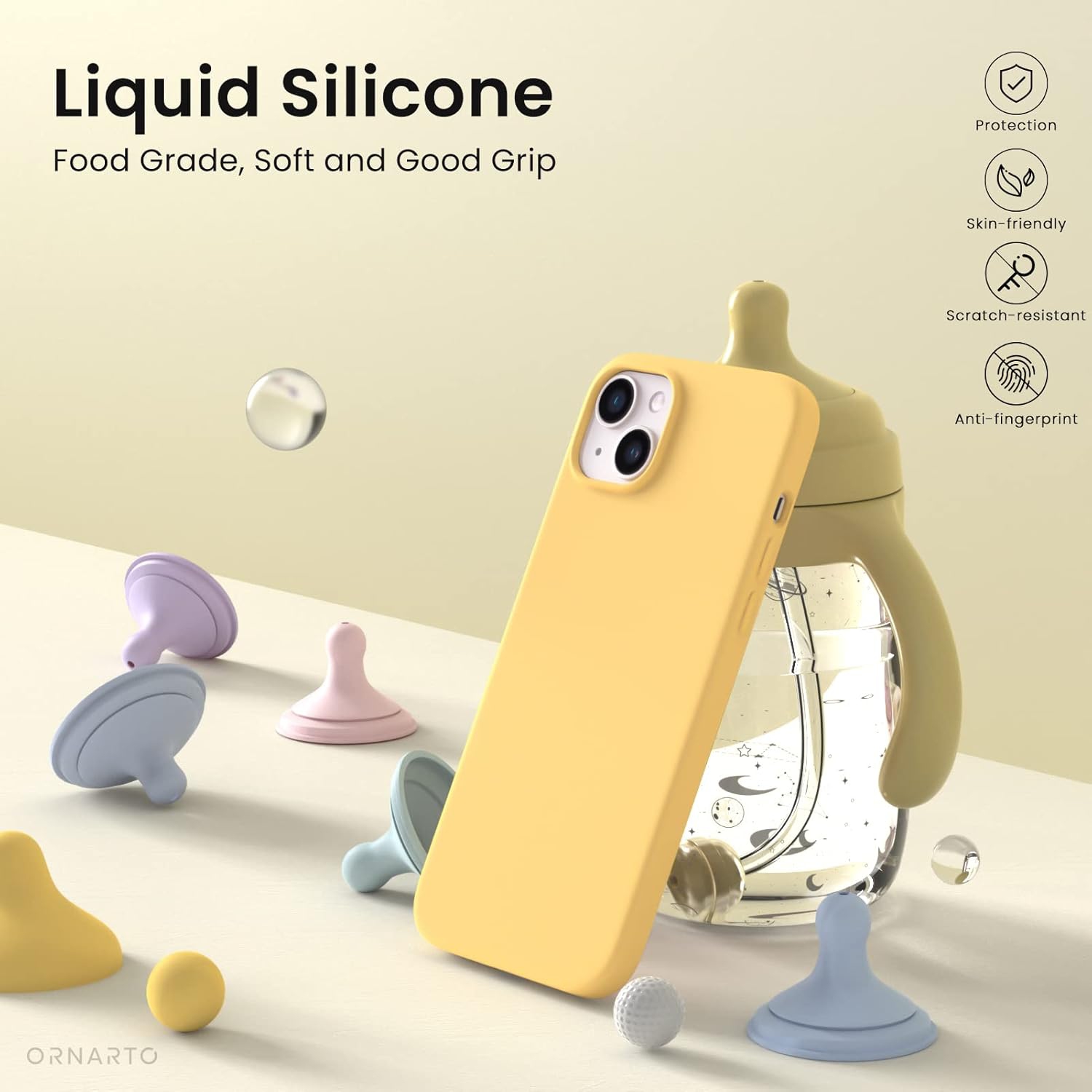 ORNARTO Compatible with iPhone 14 Case 6.1, Slim Liquid Silicone 3 Layers Full Covered Soft Gel Rubber Case Protective Cover 6.1 inch-Sunglow