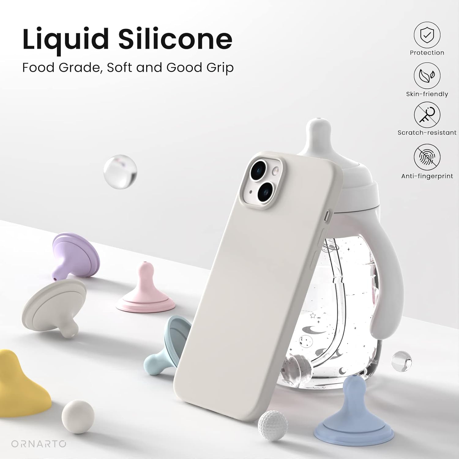 ORNARTO compatible avec l’étui iPhone 14 6,1, étui protecteur mince 3 couches silicone liquide, étui souple en caoutchouc, étui protecteur,