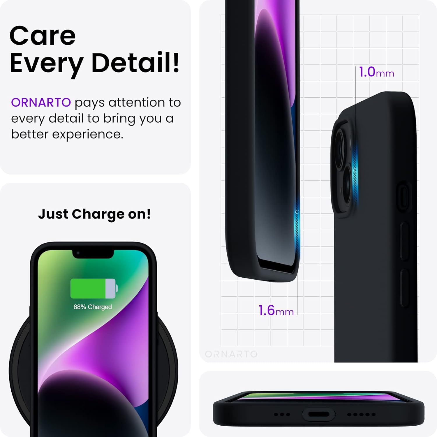 ORNARTO Compatible with iPhone 14 Case 6.1, Slim Liquid Silicone 3 Layers Full Covered Soft Gel Rubber Case Protective Cover 6.1 inch-Black