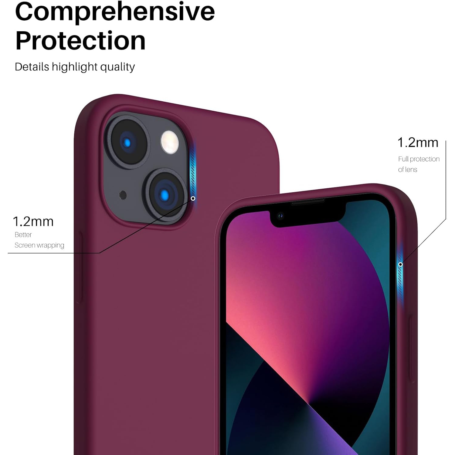 ORNARTO compatible avec iPhone 13 Mini, Slim Liquid silicone 3 couches, caoutchouc souple entièrement recouvert de gel avec étui en microfibre