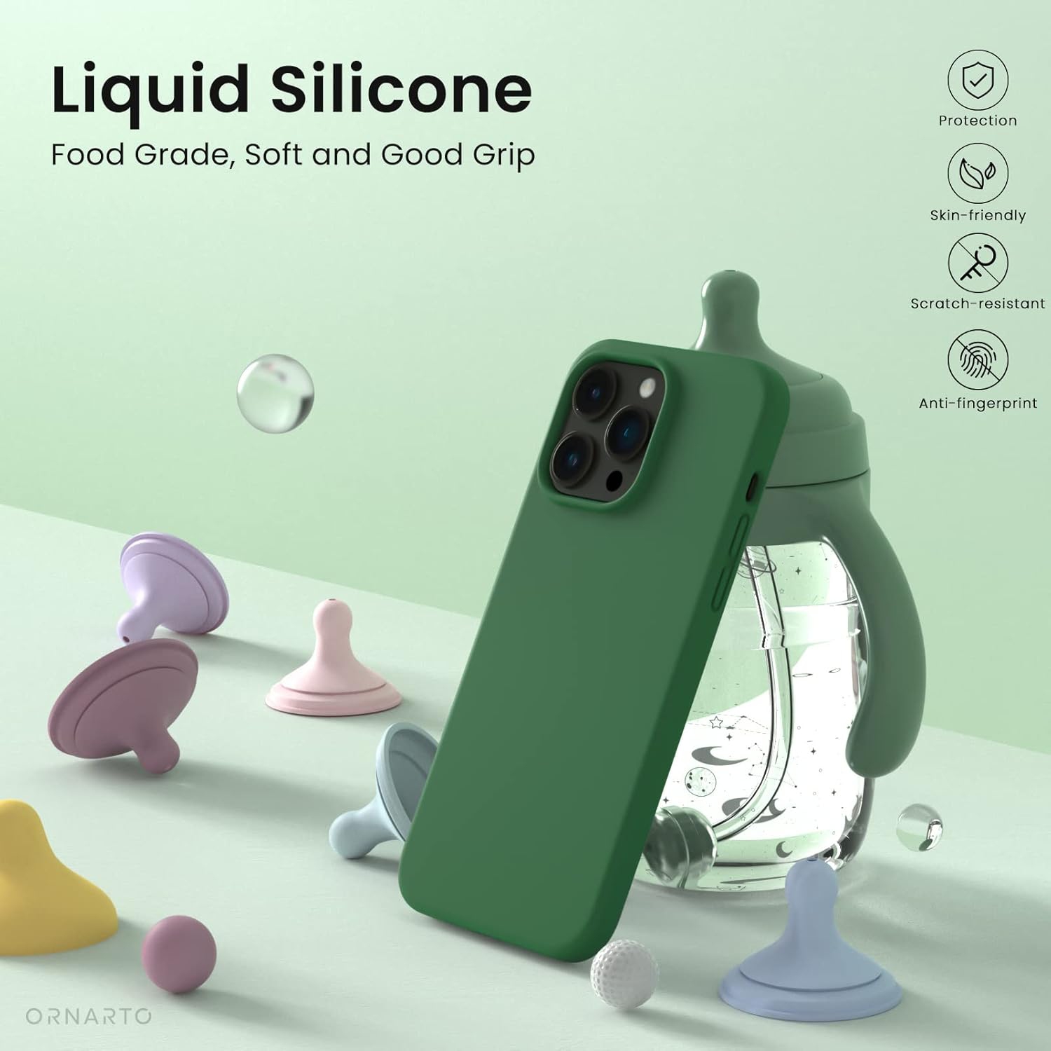 ORNARTO compatible avec l’étui iPhone 14 Pro Max 6,7, étui protecteur mince 3 couches silicone liquide, étui souple en caoutchouc, entièrement