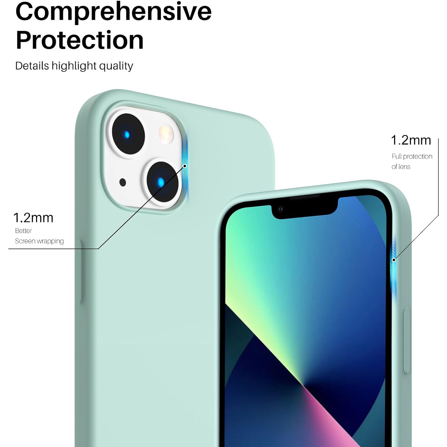 ORNARTO compatible avec l’étui iPhone 13 6,1, Slim Liquid silicone 3 couches, couverture souple en caoutchouc de gel, étui 6,1&nbsp;po-Vert menthe