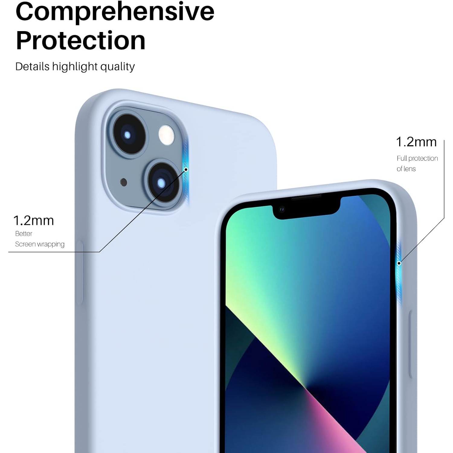 ORNARTO compatible avec l’étui iPhone 13 6,1, Slim Liquid silicone 3 couches, étui souple entièrement recouvert en caoutchouc de gel, étui