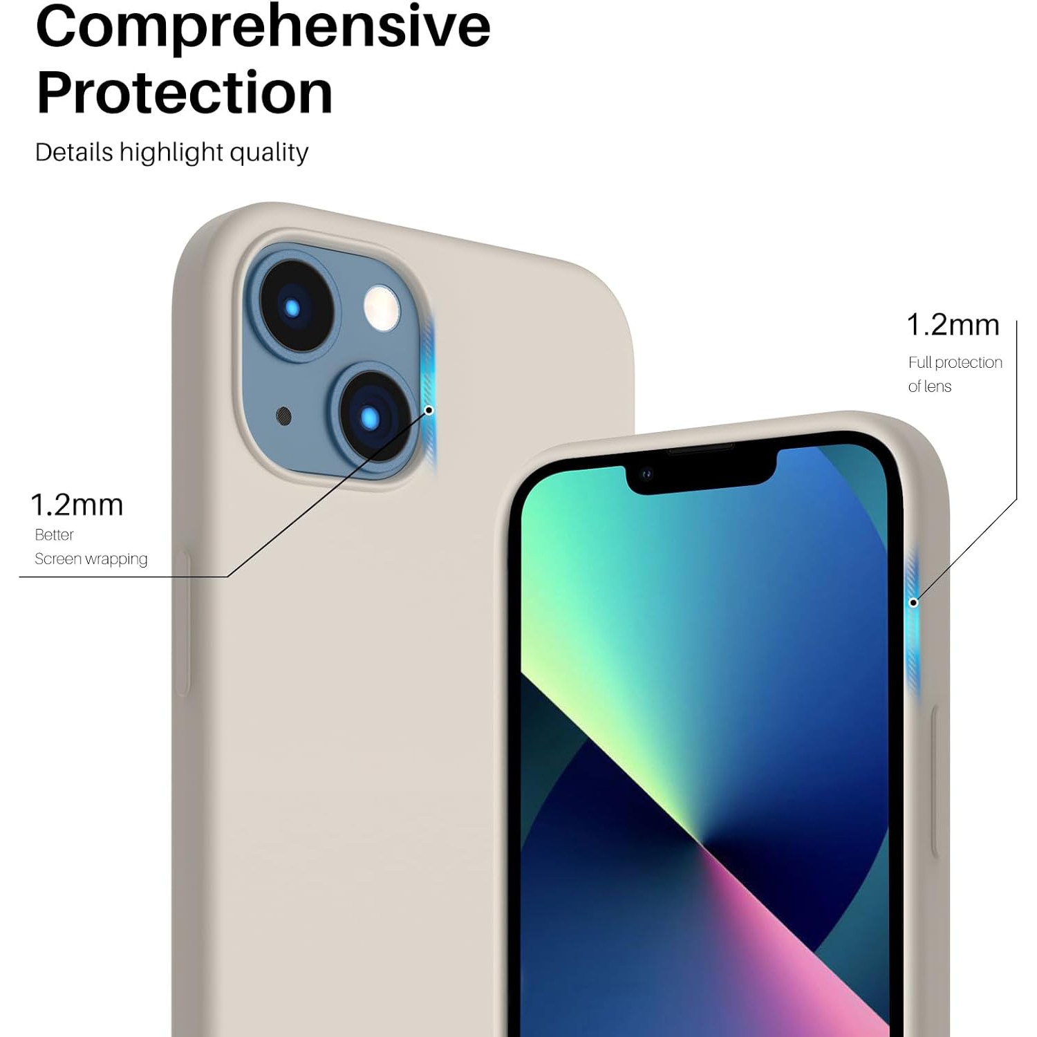 ORNARTO compatible avec l’étui iPhone 13 6,1, Slim Liquid silicone 3 couches, couverture souple en caoutchouc de gel, couverture 6,1&nbsp;po-Gris