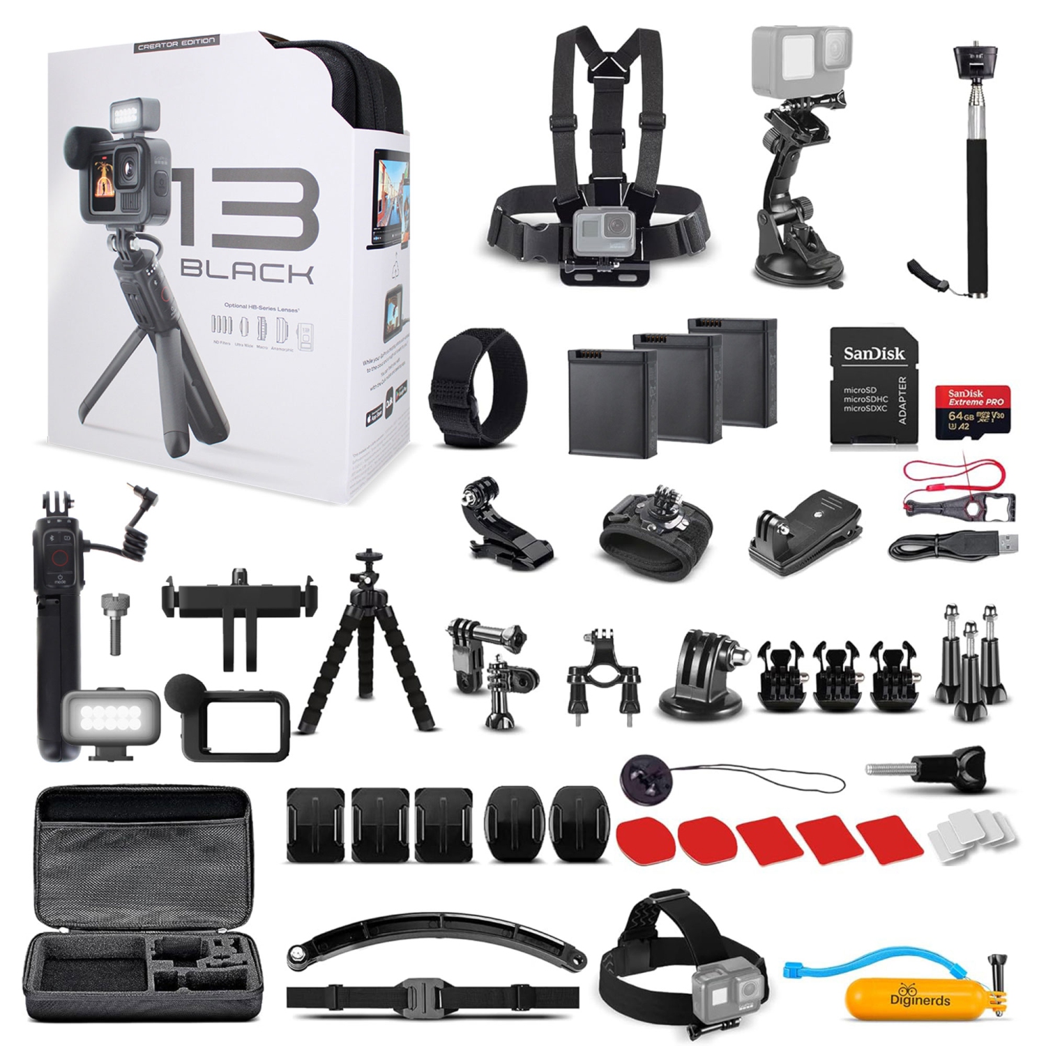 GoPro HERO13 Creator Edition Action Camera wtih 64GB Card, 50 Piece DiGiNerds Accessory Kit, and 2 Batteries