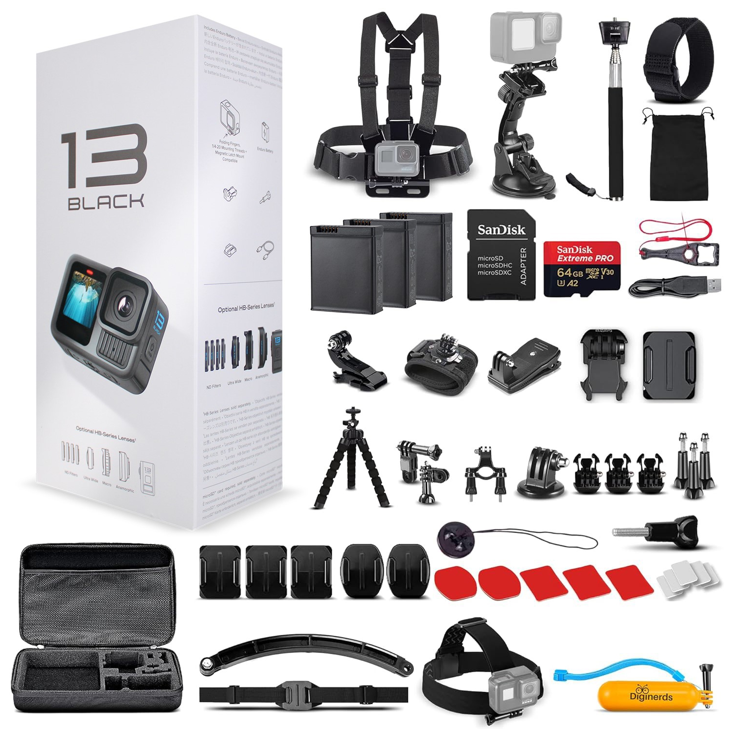 GoPro HERO13 Action Camera with 64GB Card, 50 Piece DiGiNerds Accessory Kit, and 2 Batteries