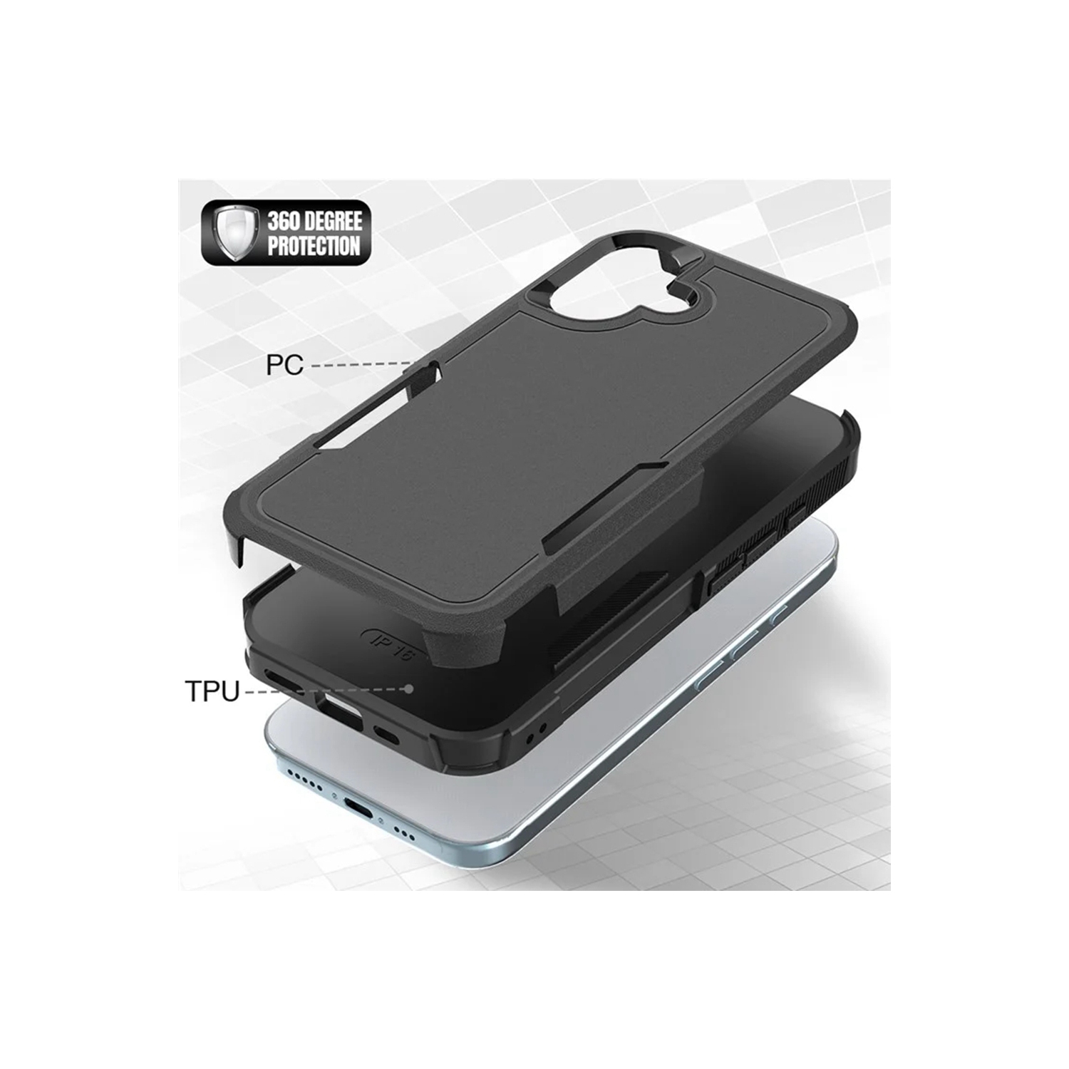 [CS] Dual Layers Heavy Duty Rubber Armor Hard Case Cover for iPhone 16, Black