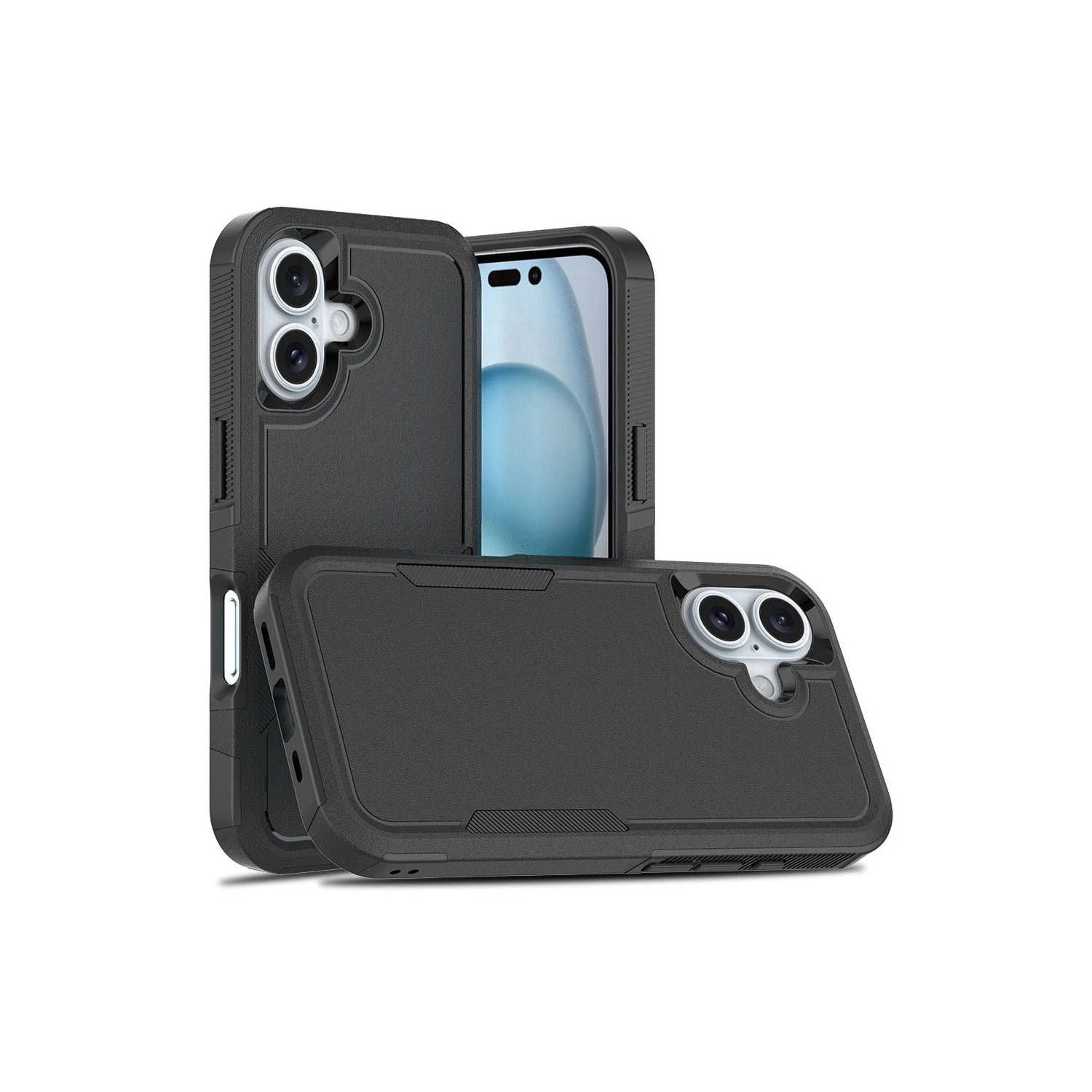 [CS] Dual Layers Heavy Duty Rubber Armor Hard Case Cover for iPhone 16 Plus, Black