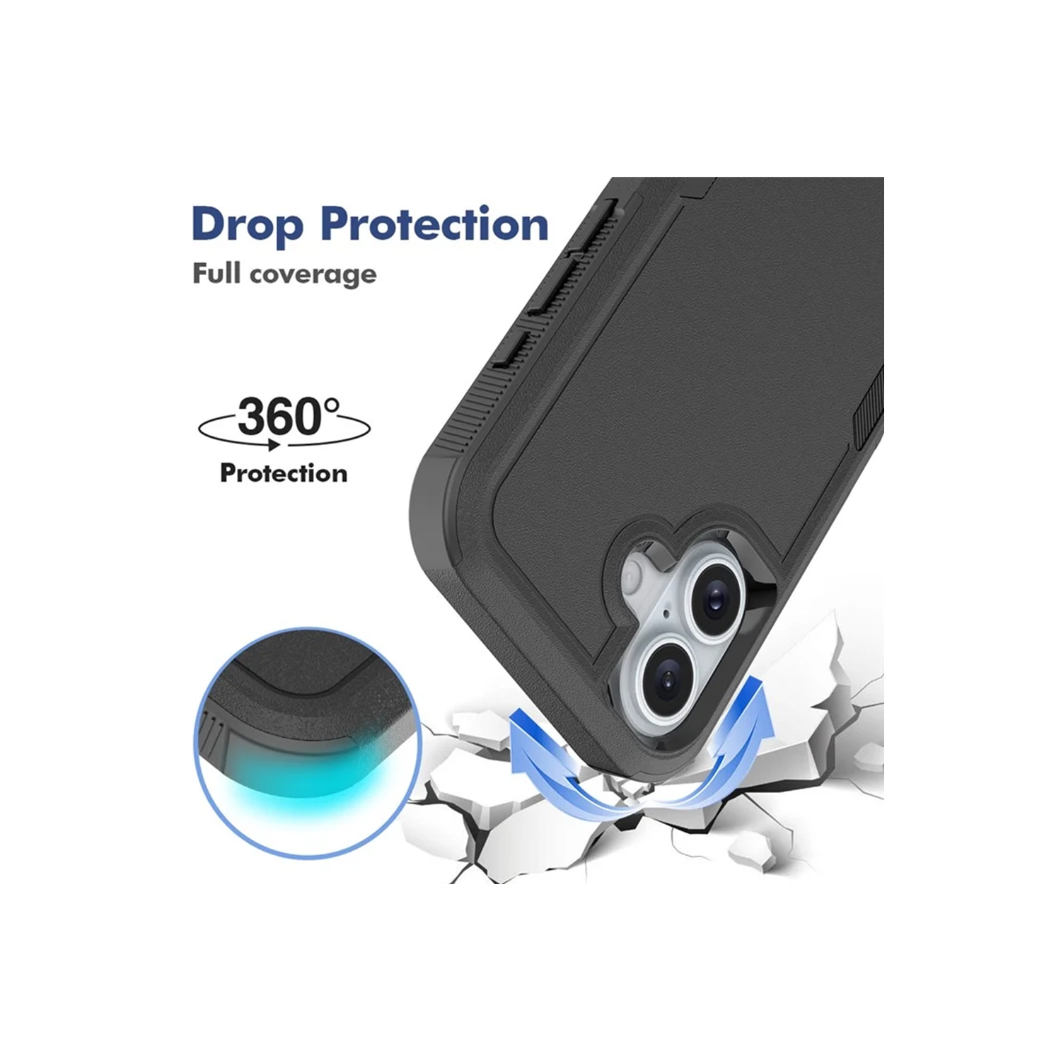 [CS] Dual Layers Heavy Duty Rubber Armor Hard Case Cover for iPhone 16 Plus, Black