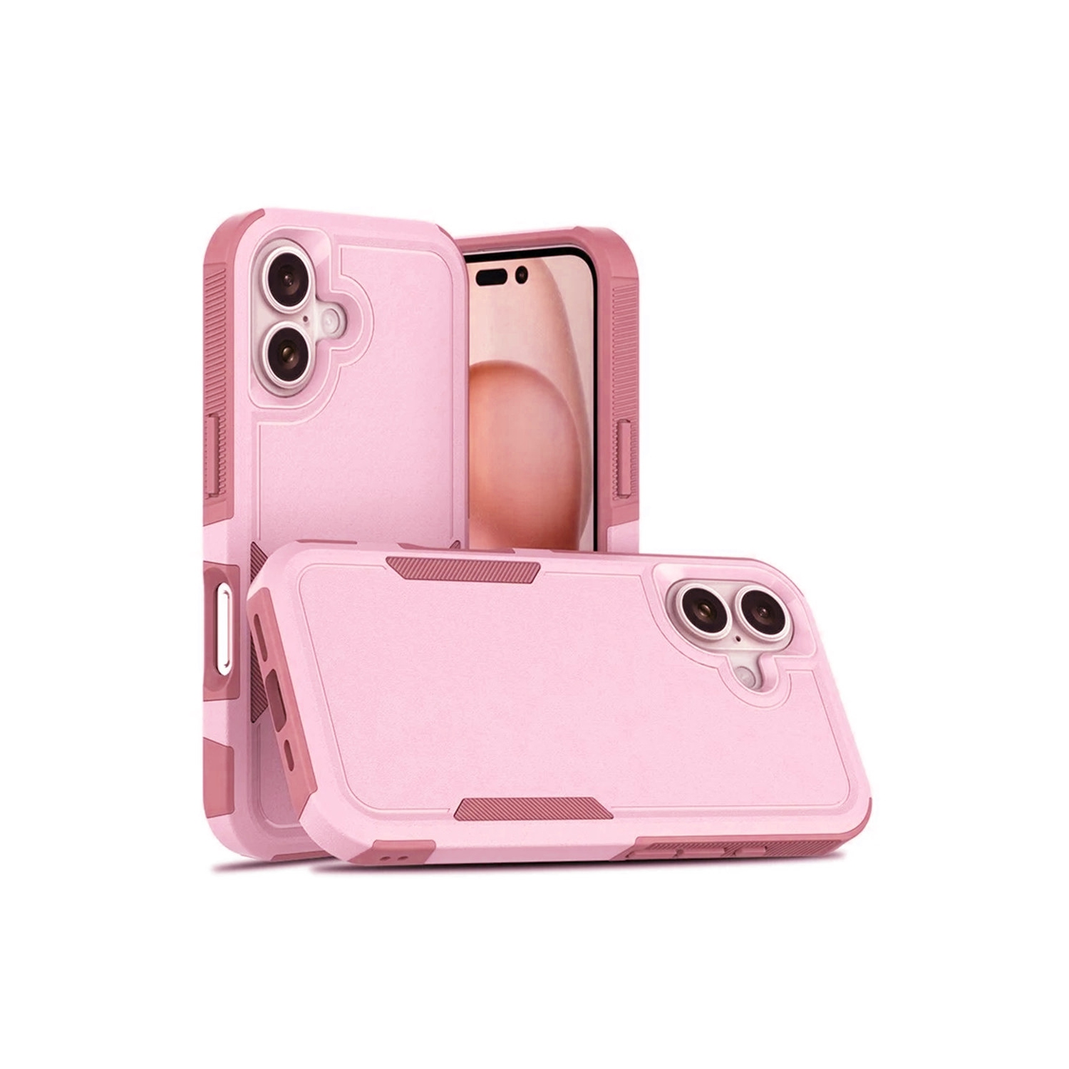 [CS] Dual Layers Heavy Duty Rubber Armor Hard Case Cover for iPhone 16 Plus, Light Pink