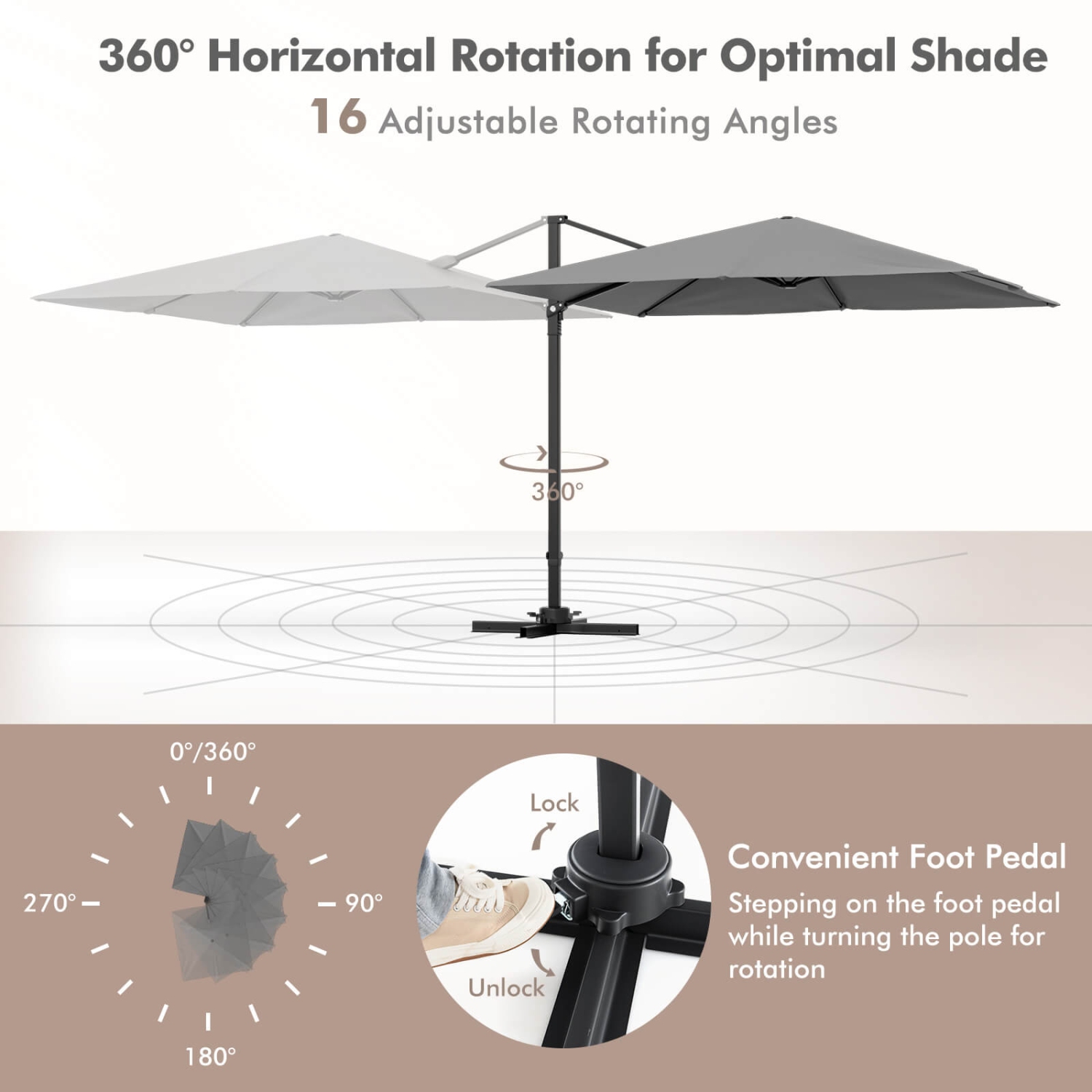Parasol suspendu excentré carré à 9,5FT niveaux 2 pi 360° de Costway pour patio