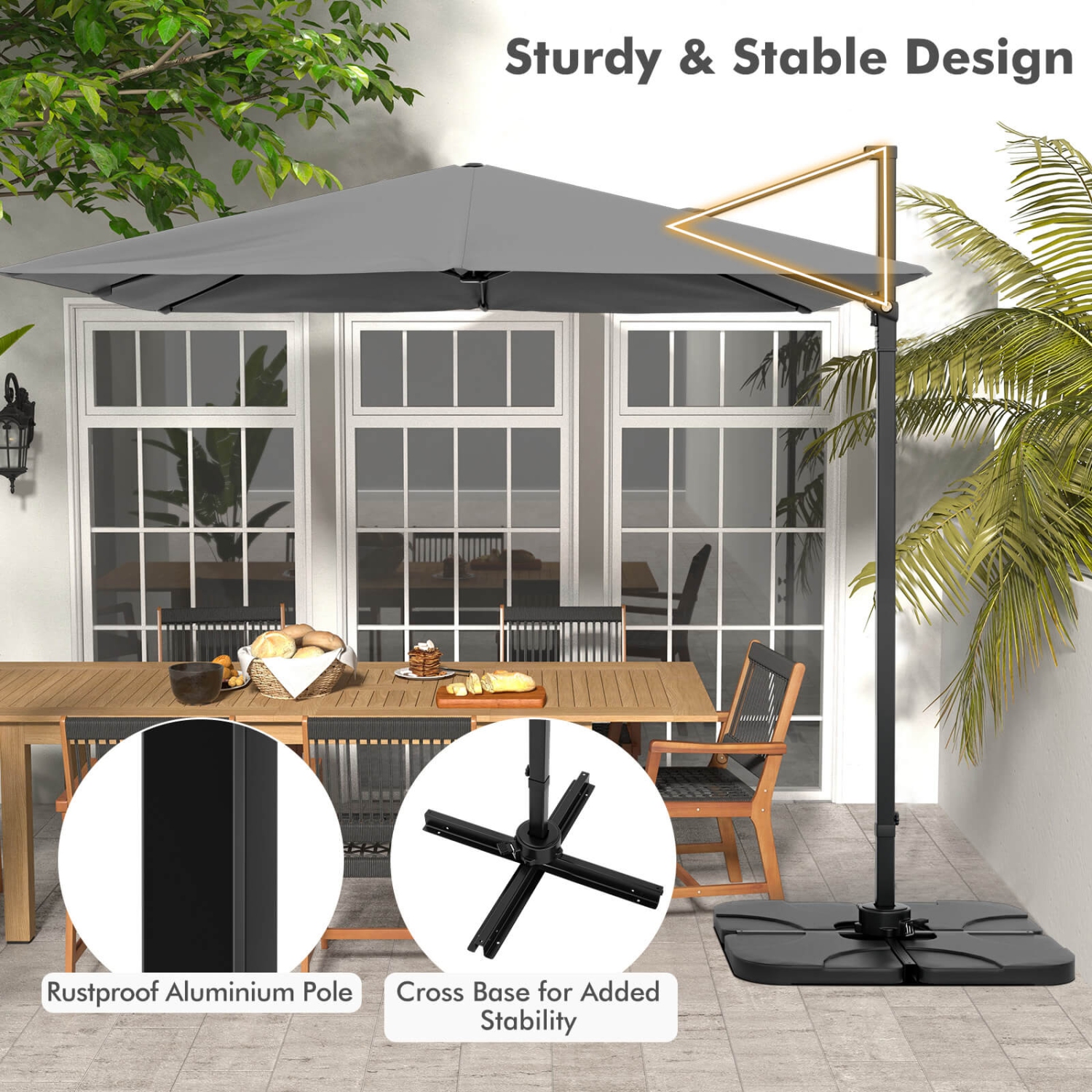 Parasol suspendu excentré carré à 9,5FT niveaux 2 pi 360° de Costway pour patio