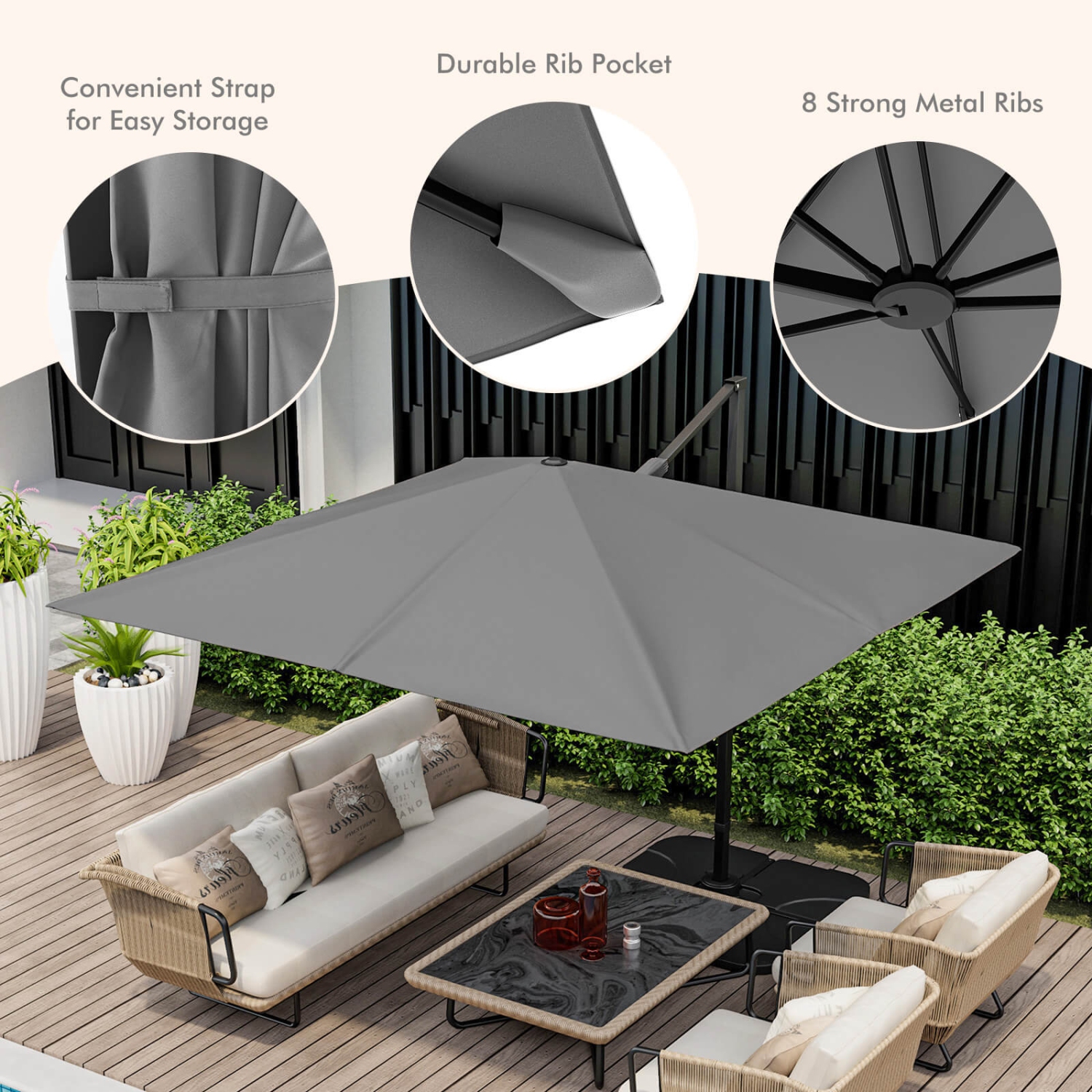 Parasol suspendu excentré carré à 9,5FT niveaux 2 pi 360° de Costway pour patio