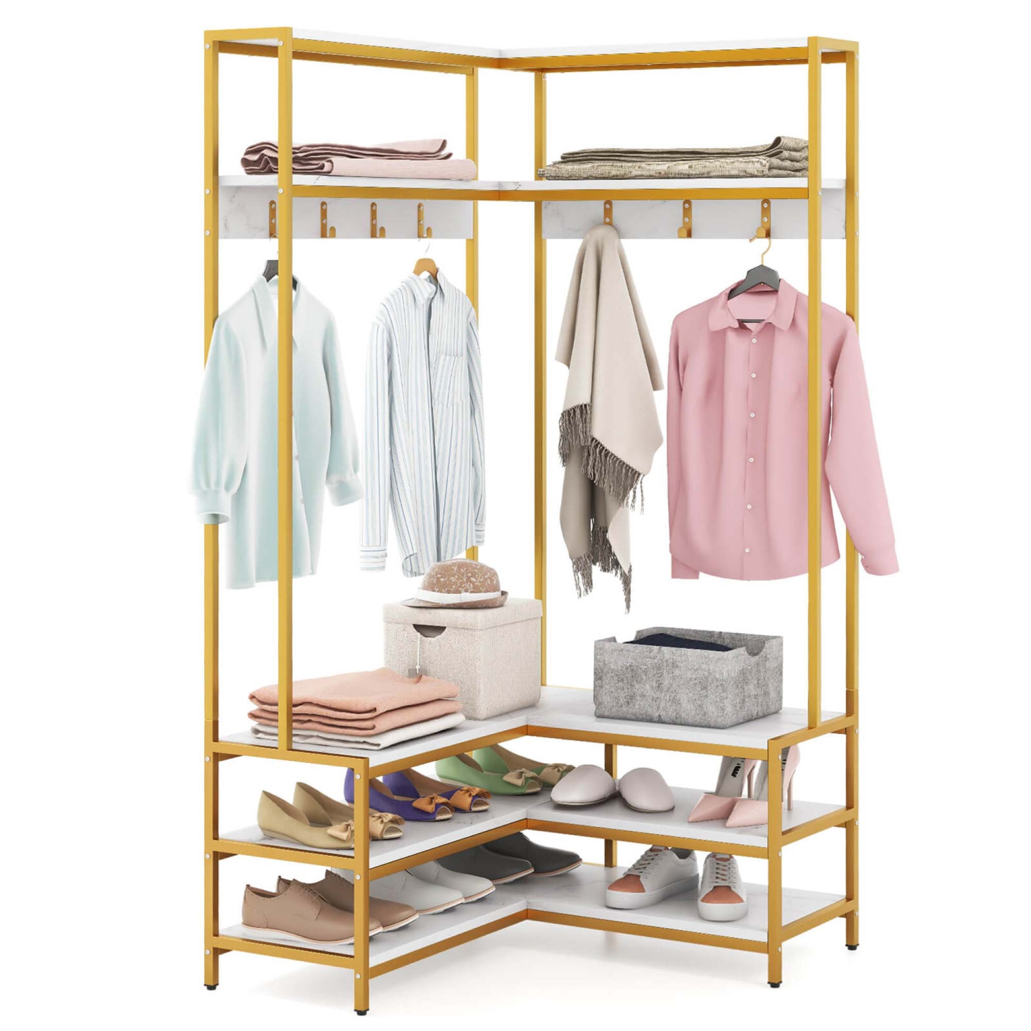 Costway Corner Garment Rack L-shaped Clothes Rack with Open Shelves & Adjustable Foot Pads