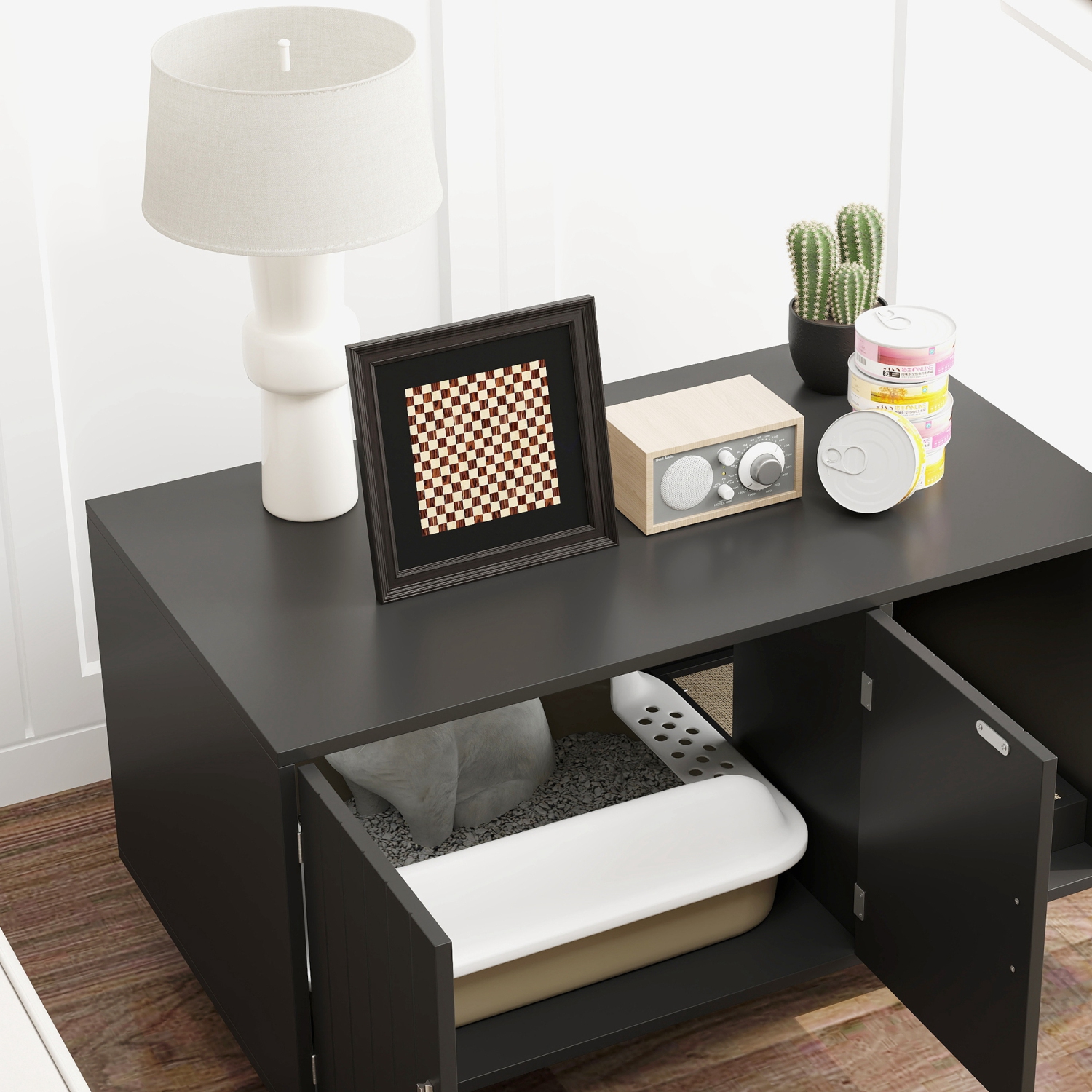 PawHut – Boîte de litière pour chats, meubles de boîte à litière cachée, toilettes de table d’extrémité de la maison pour chats avec tampon à