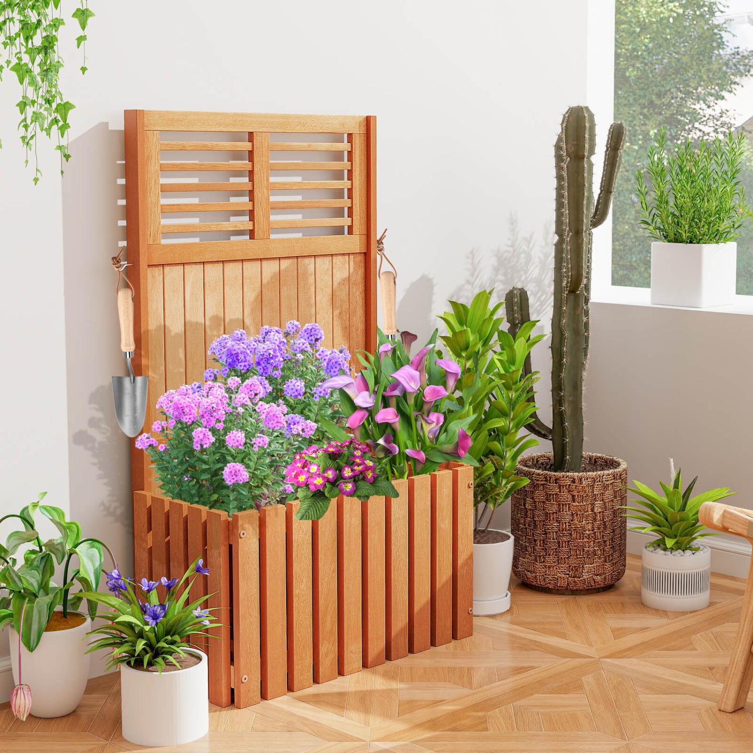Costway 2 PCS Wooden Plant Stand Raised Garden Bed with Trellis & Planter Box Privacy Screen